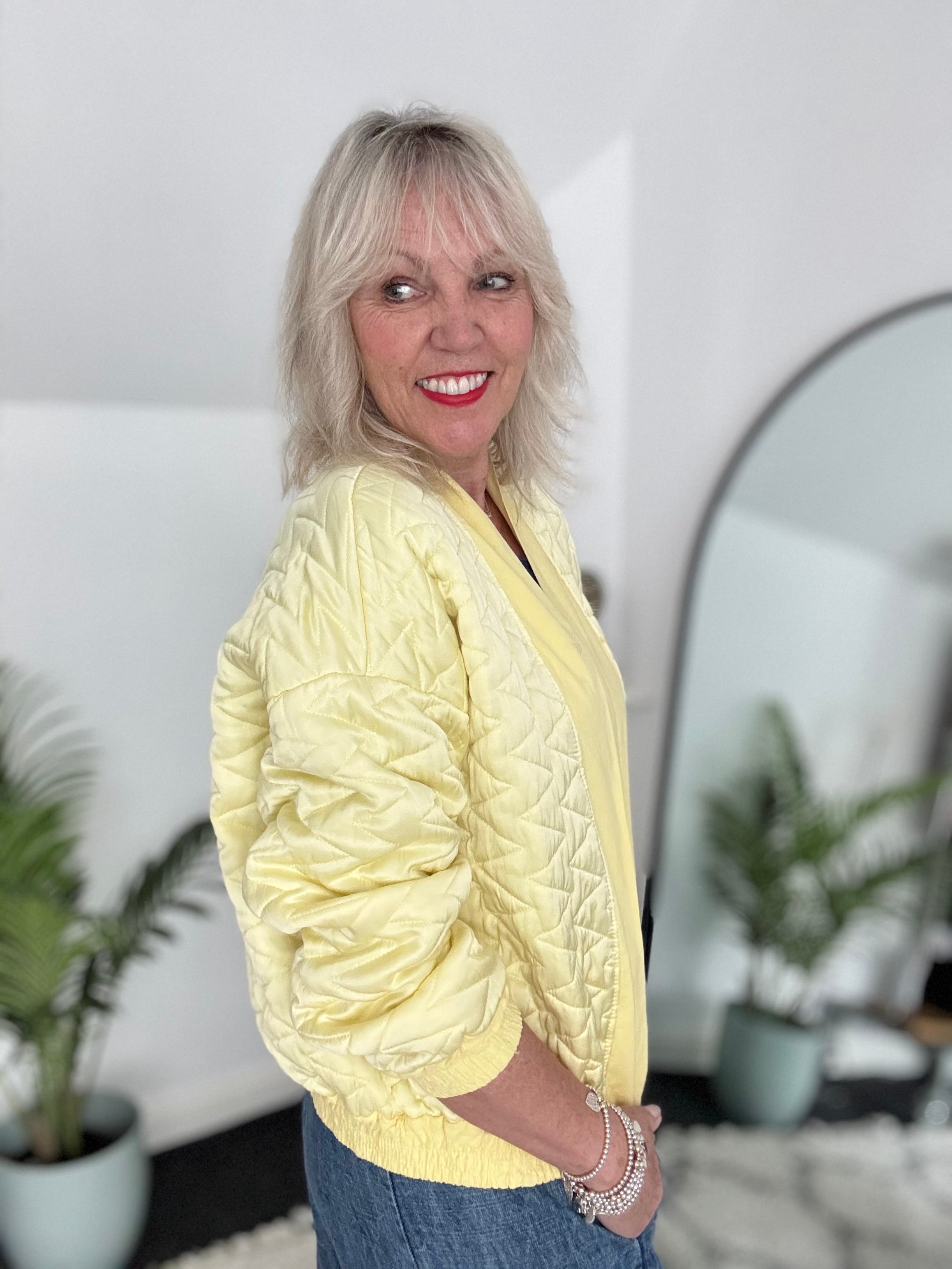 Designer Quilted Bomber Jacket in Lemon