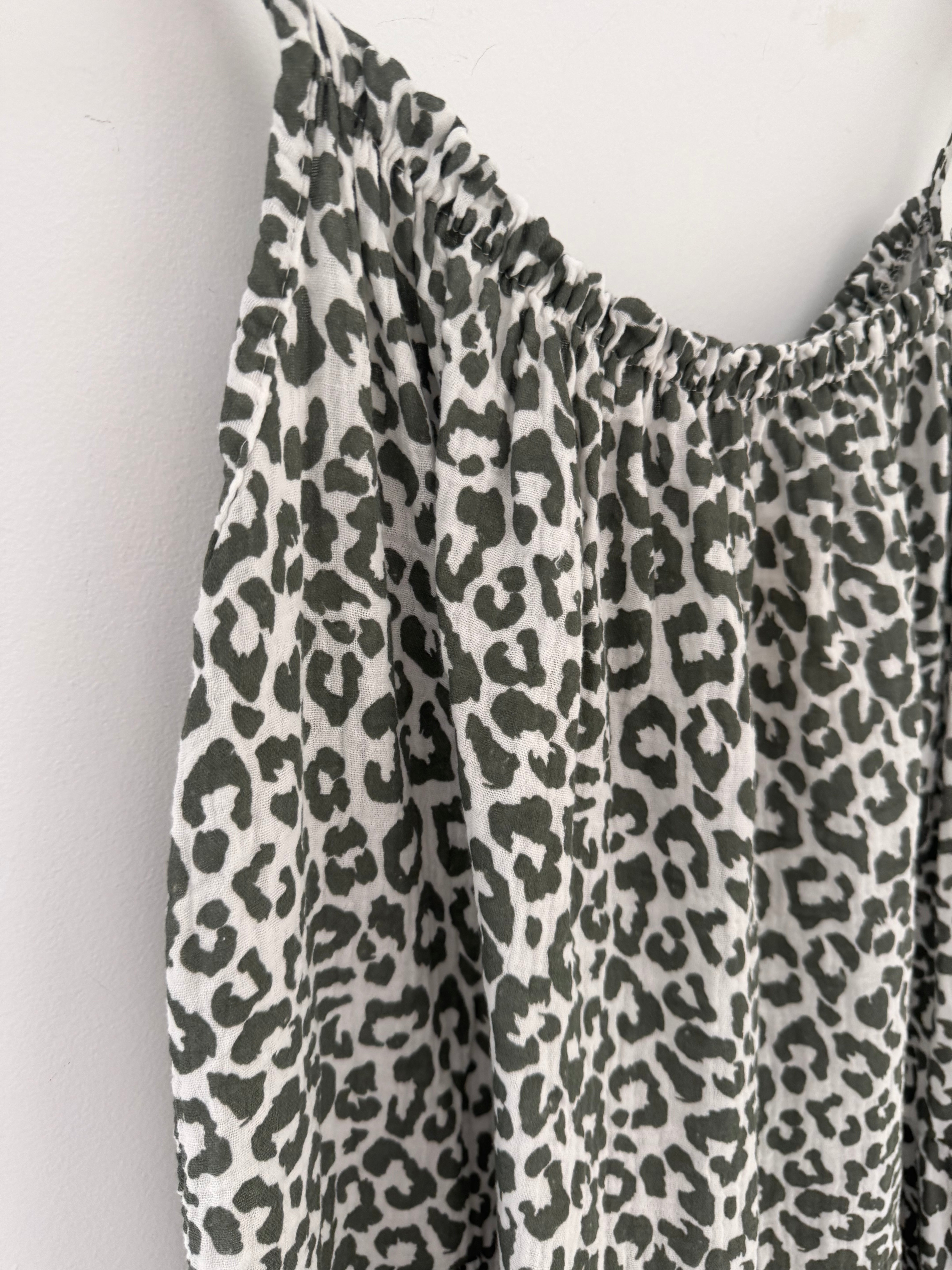 Leopard Cheesecloth Dress in Khaki & White