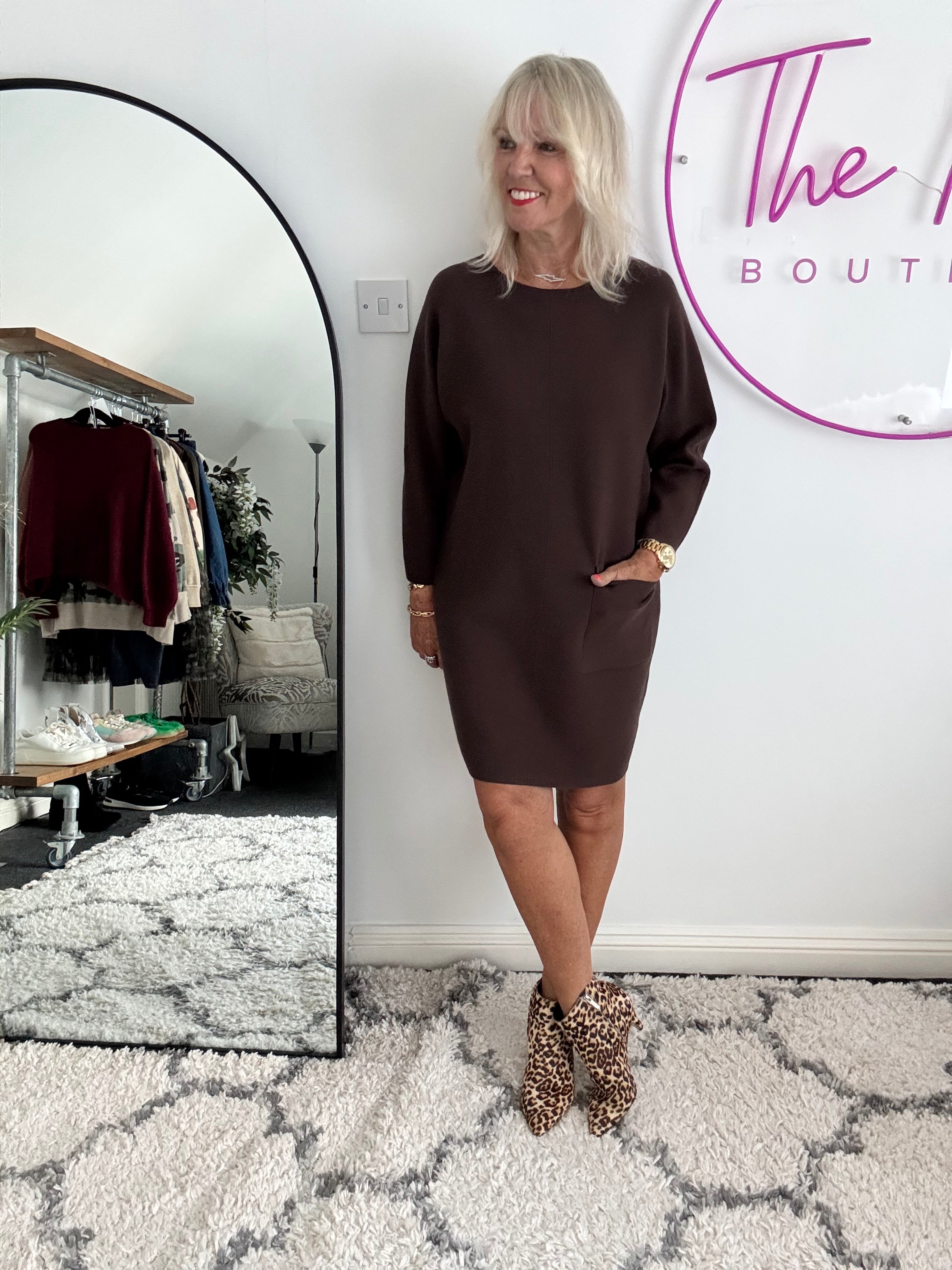 Luxe Knitted Pocket Dress in Chocolate