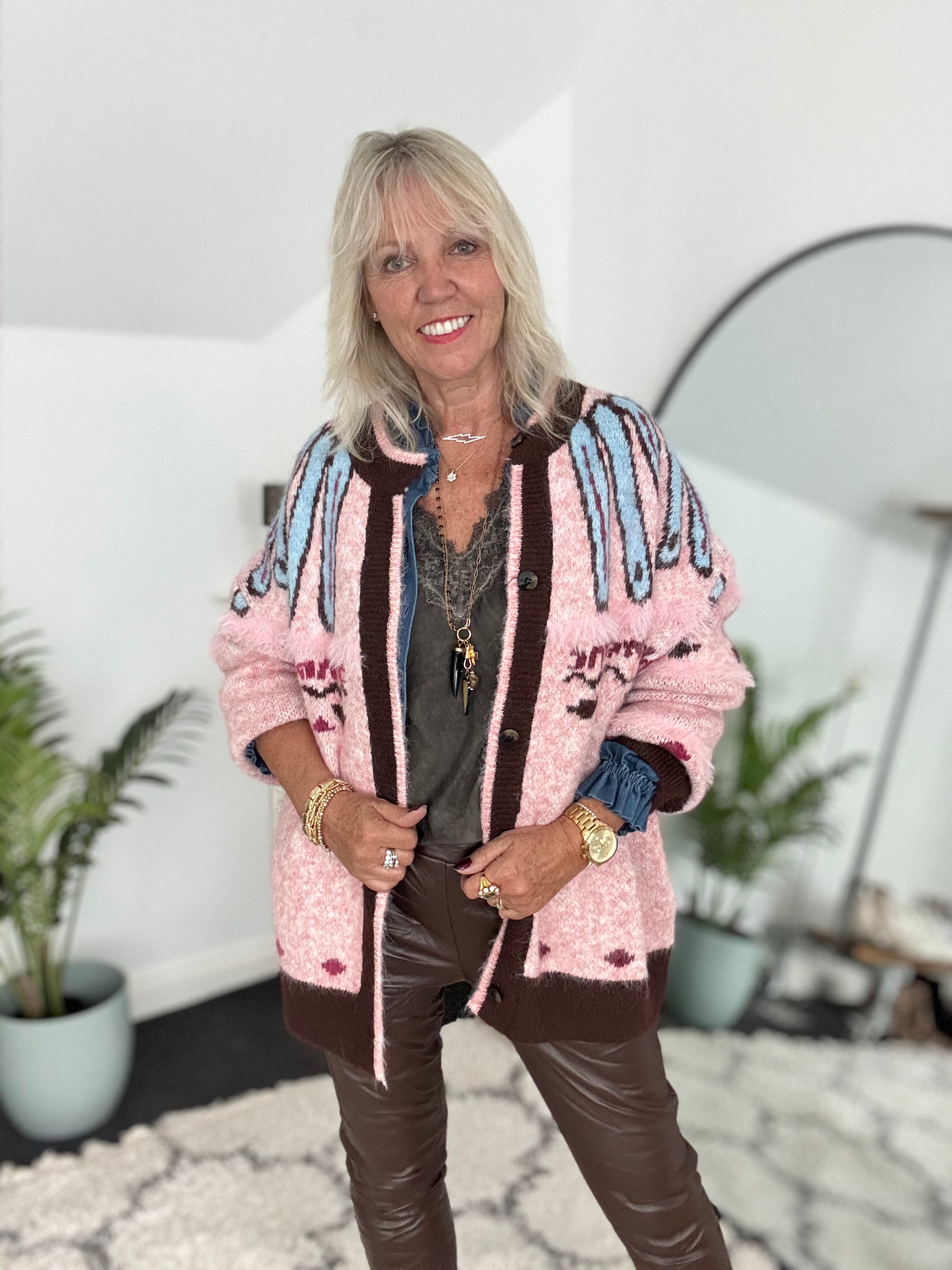 Oversized Designer Cardi in Pink & Chocolate