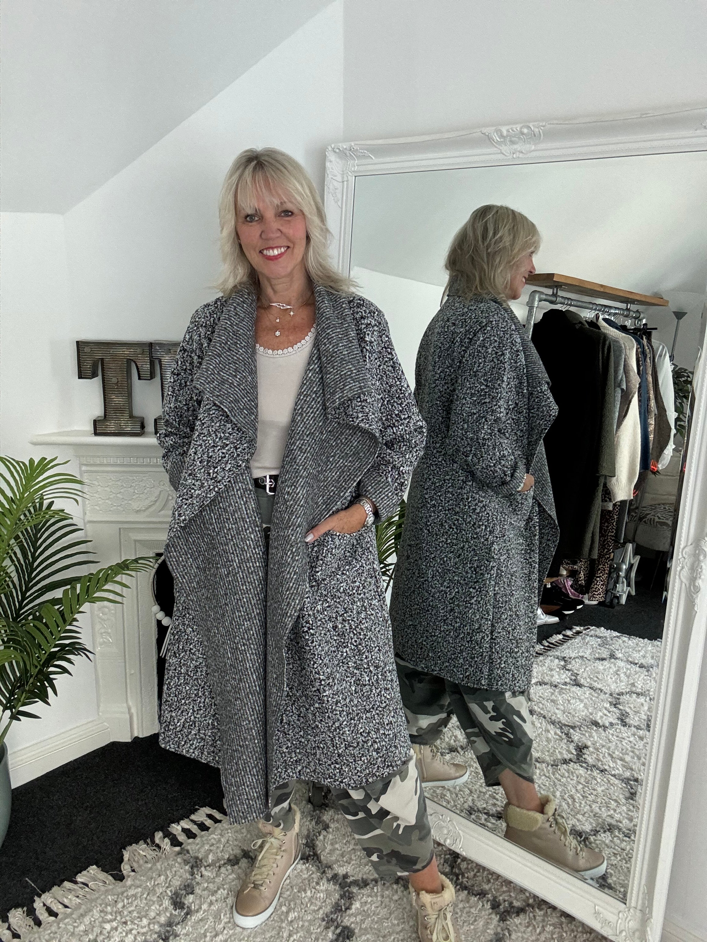 Waterfall Boucle Coatigan in Tweedy Grey