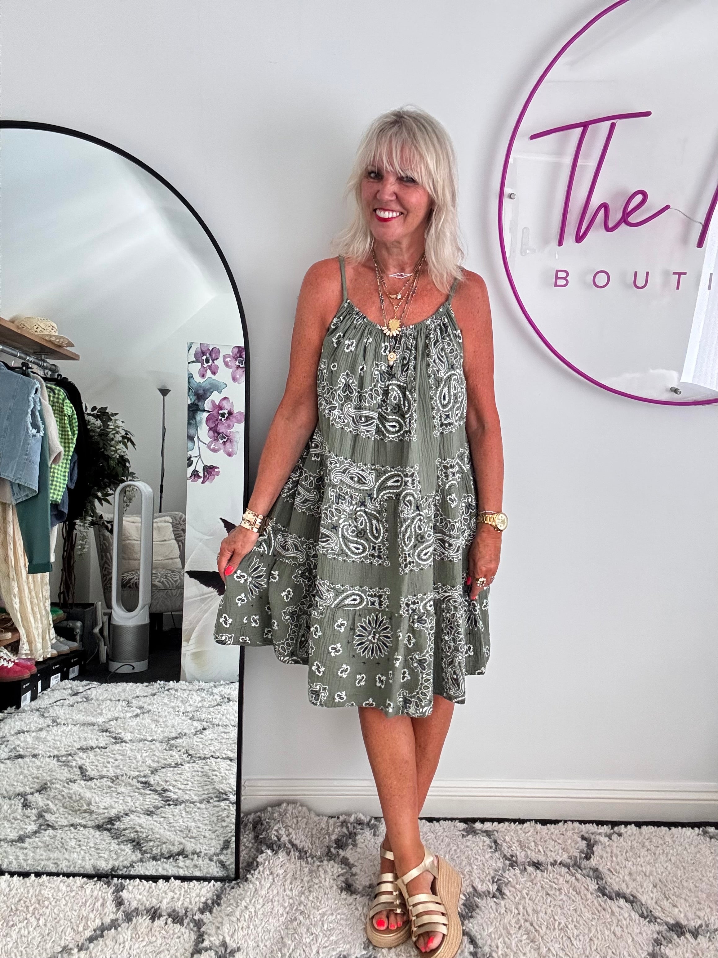 Paisley Cheesecloth Dress in Khaki