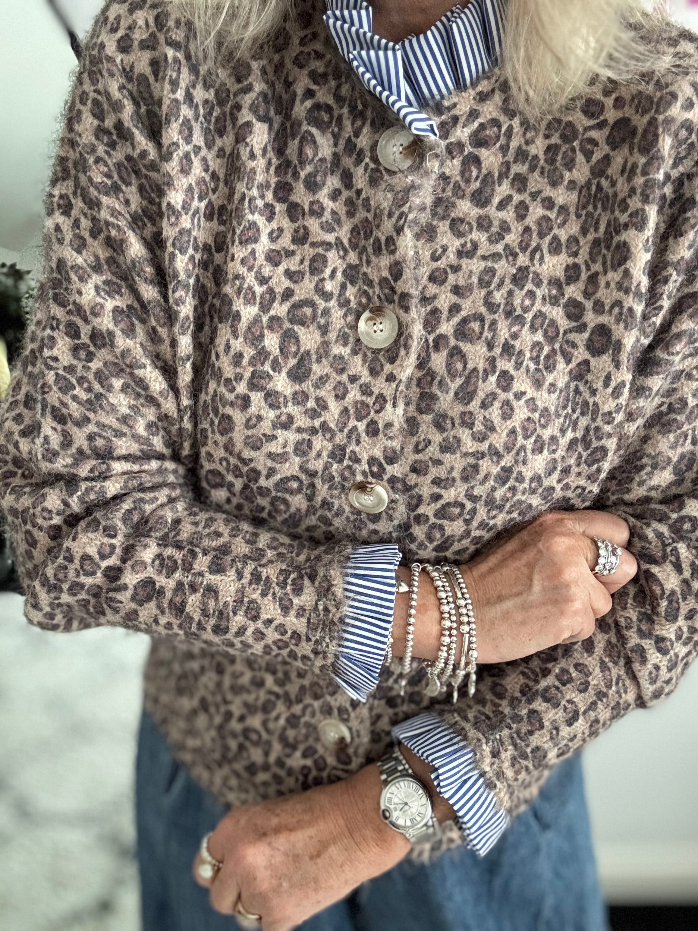 Leopard Cardi with Stripe Collar & Cuffs