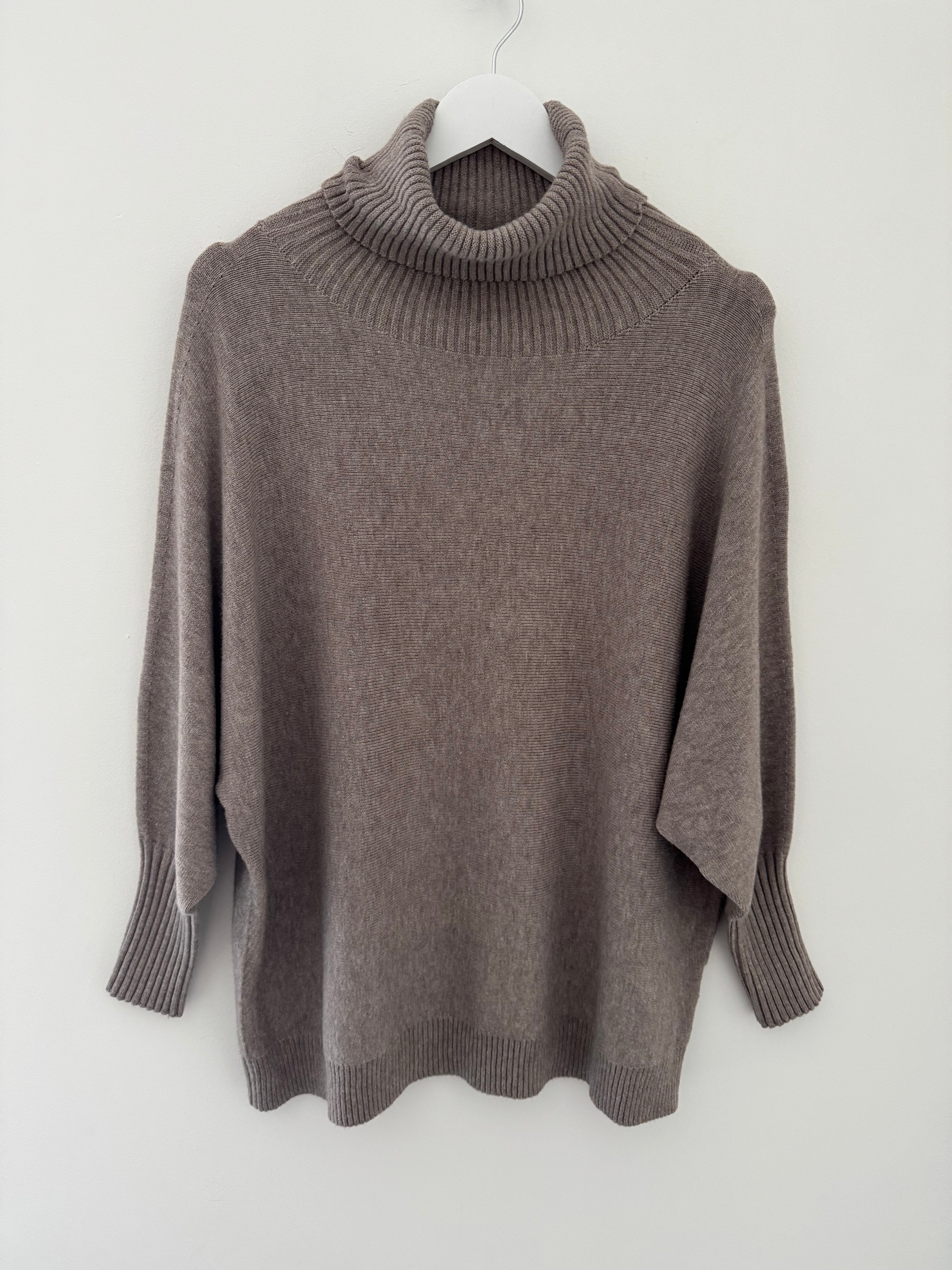 Oversized Roll Neck Poncho Jumper in Mocha
