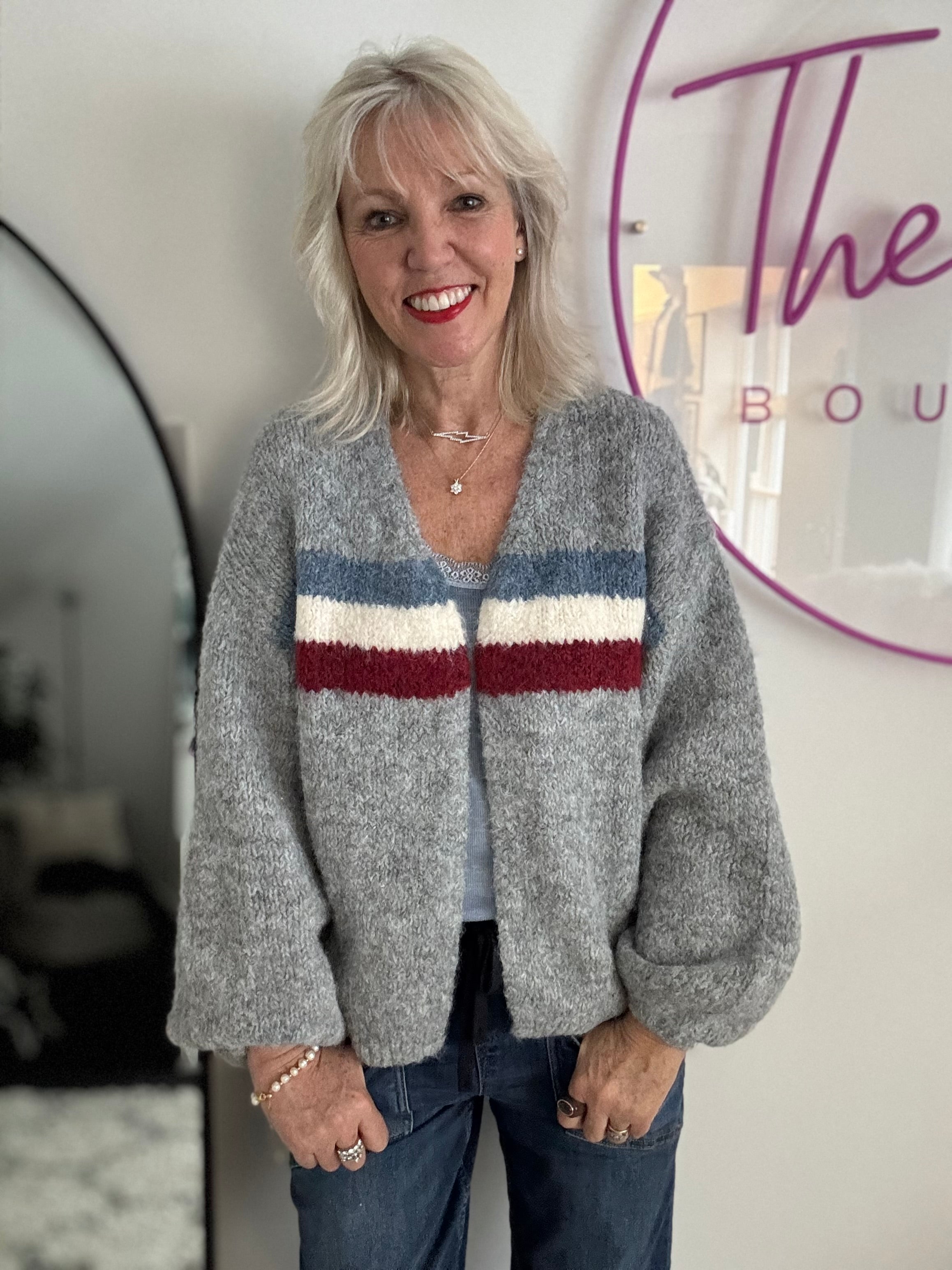 Soft Cardi with Stripes in Grey