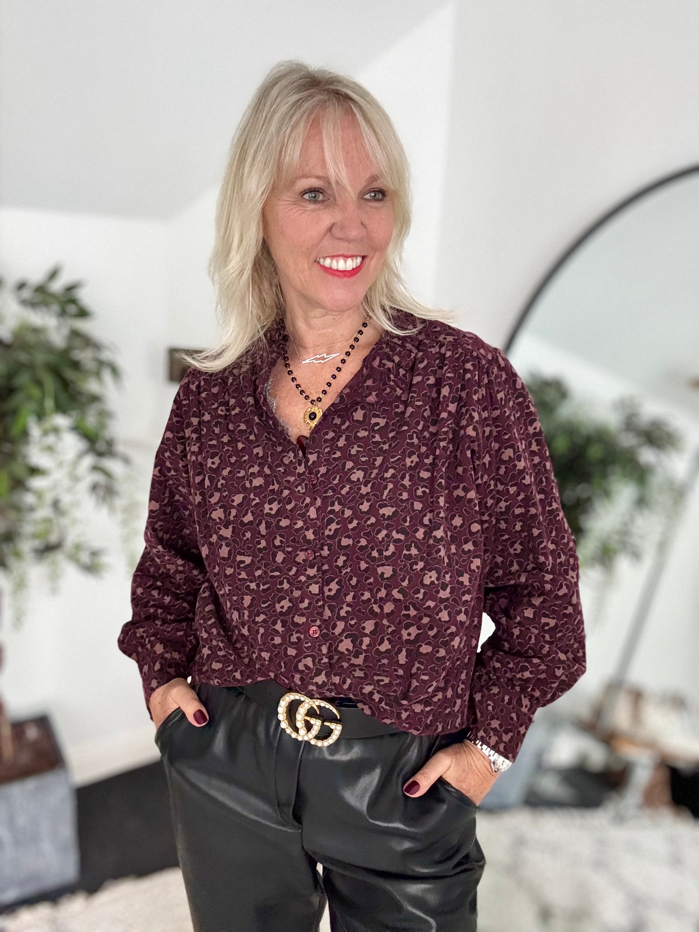 Needlecord Ruffle Blouse in Damson Leopard