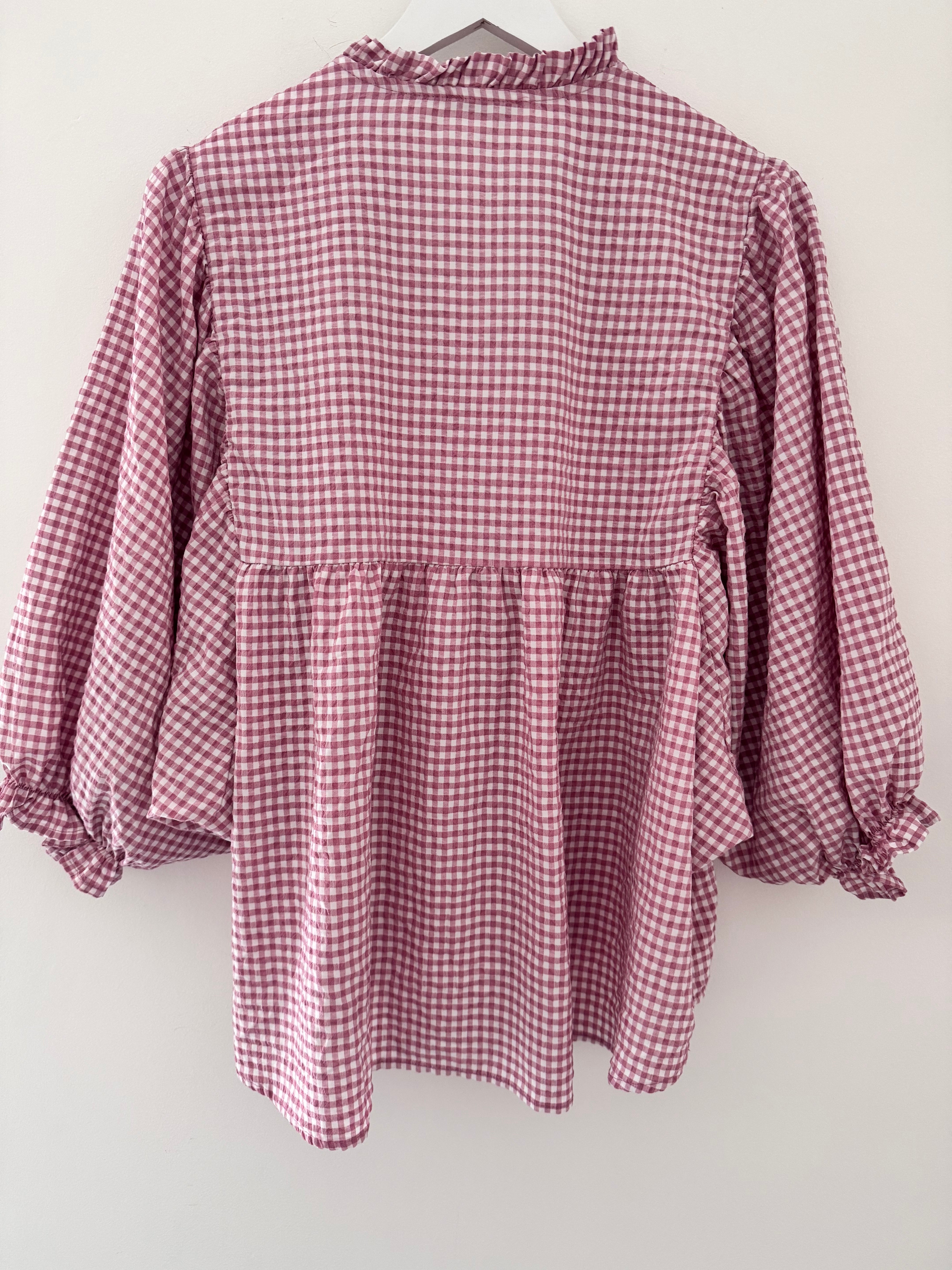 Gingham Seersucker Blouse in Rose Pink