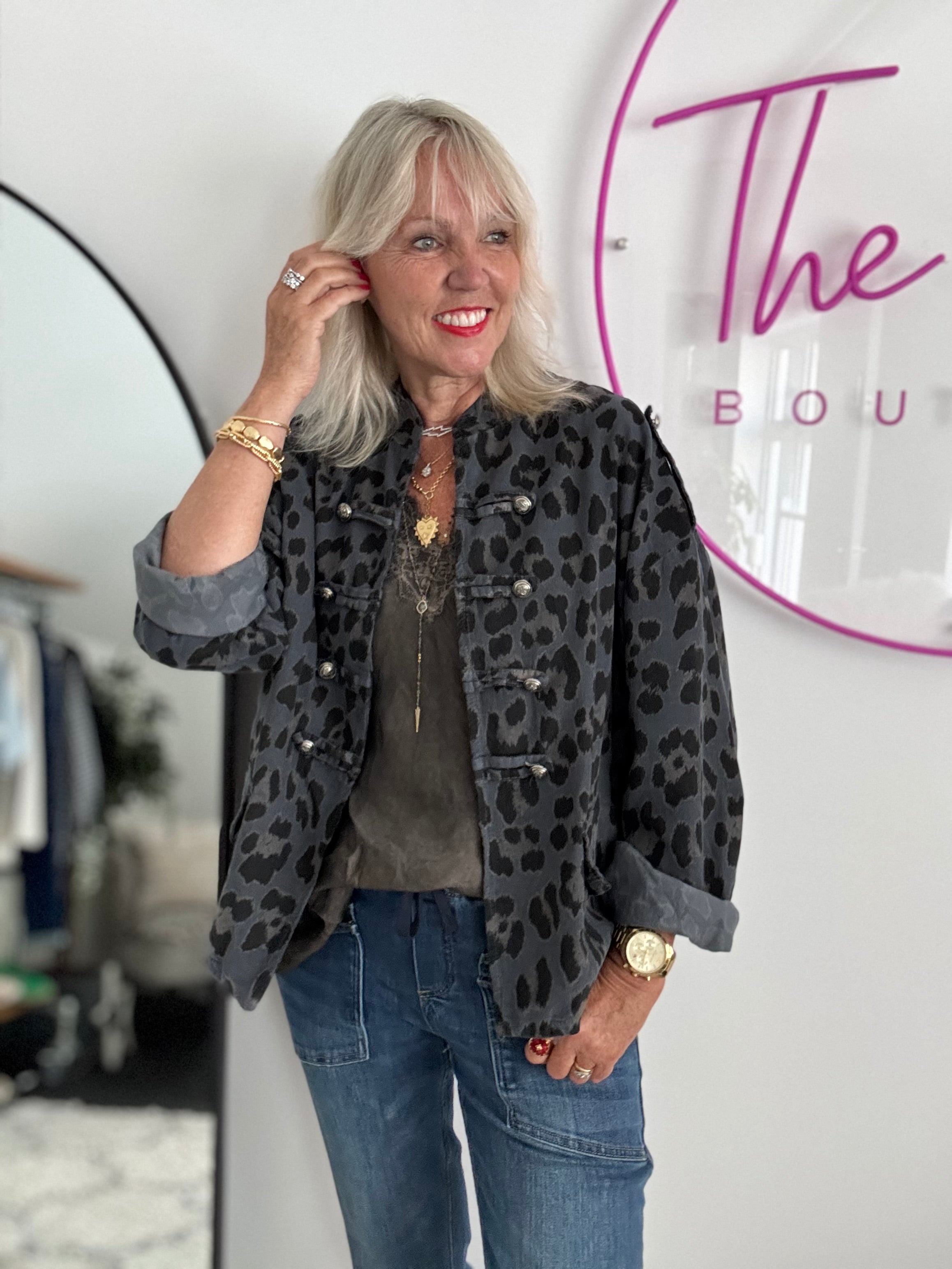 Needlecord Military Jacket in Grey Leopard