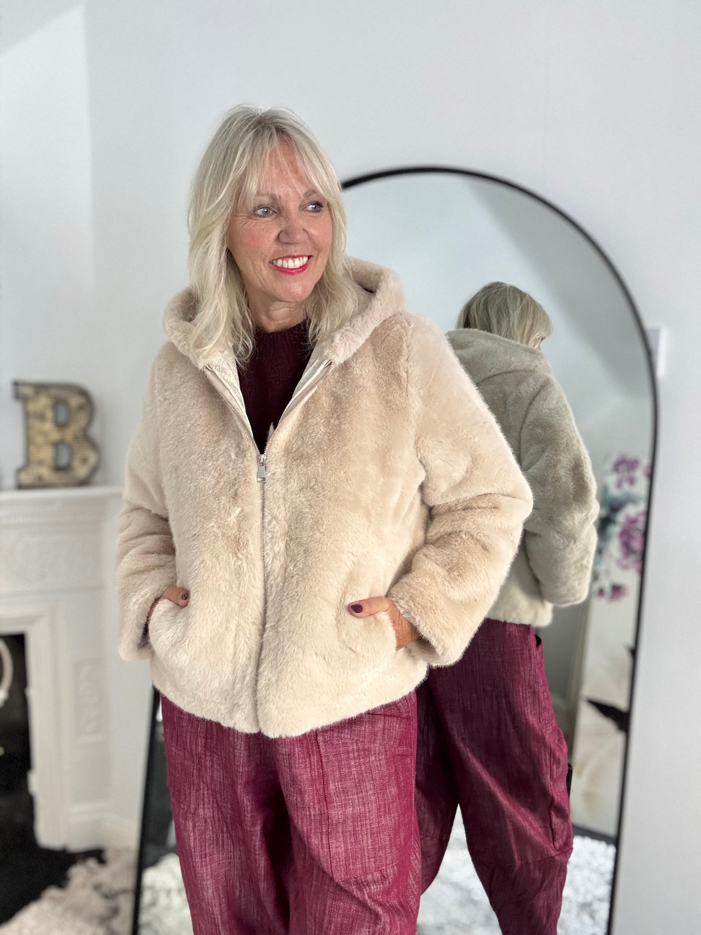 Hooded Fur Jacket in Ecru