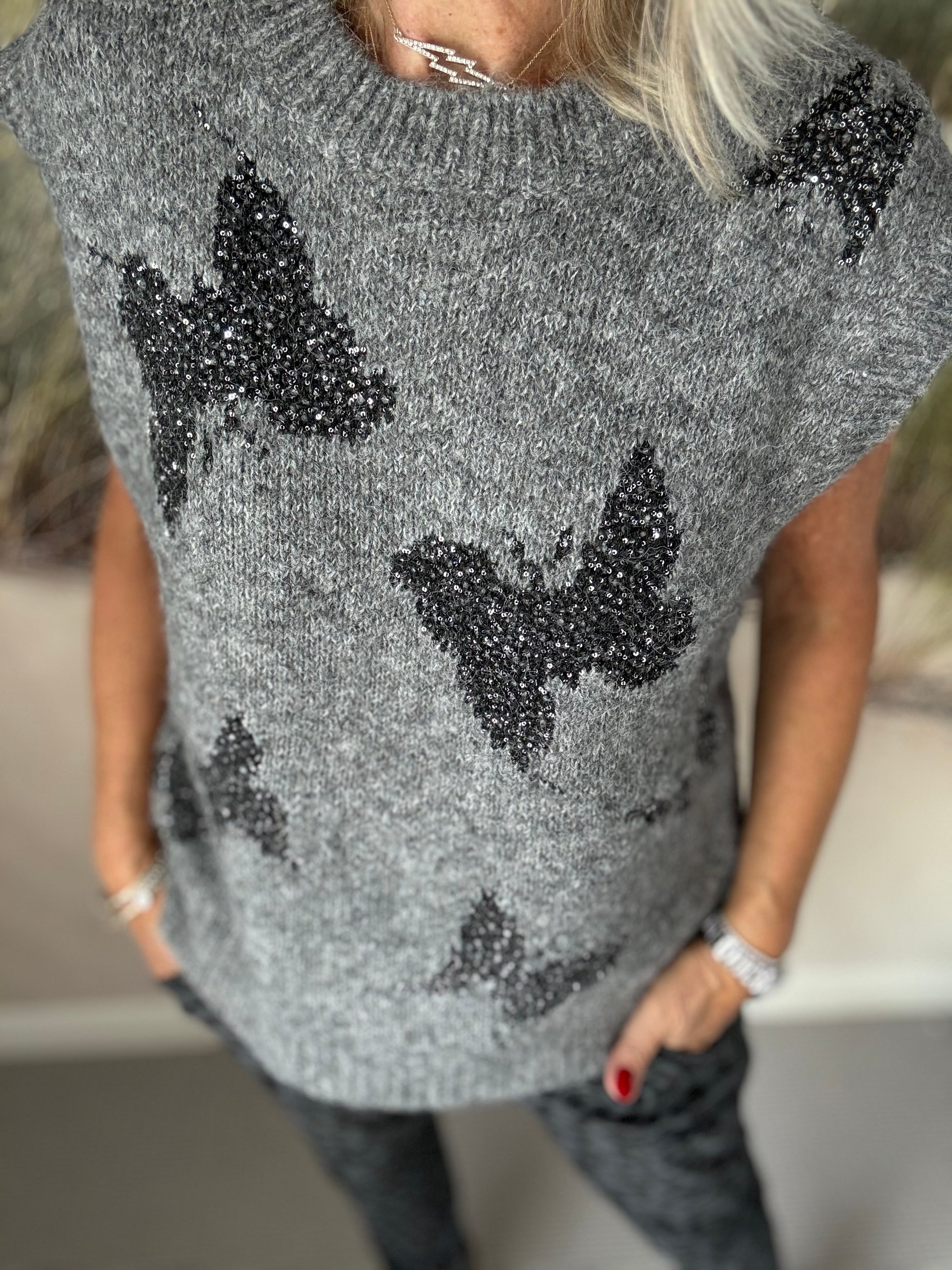 Luxe Tank with Sequin Butterflies in Charcoal