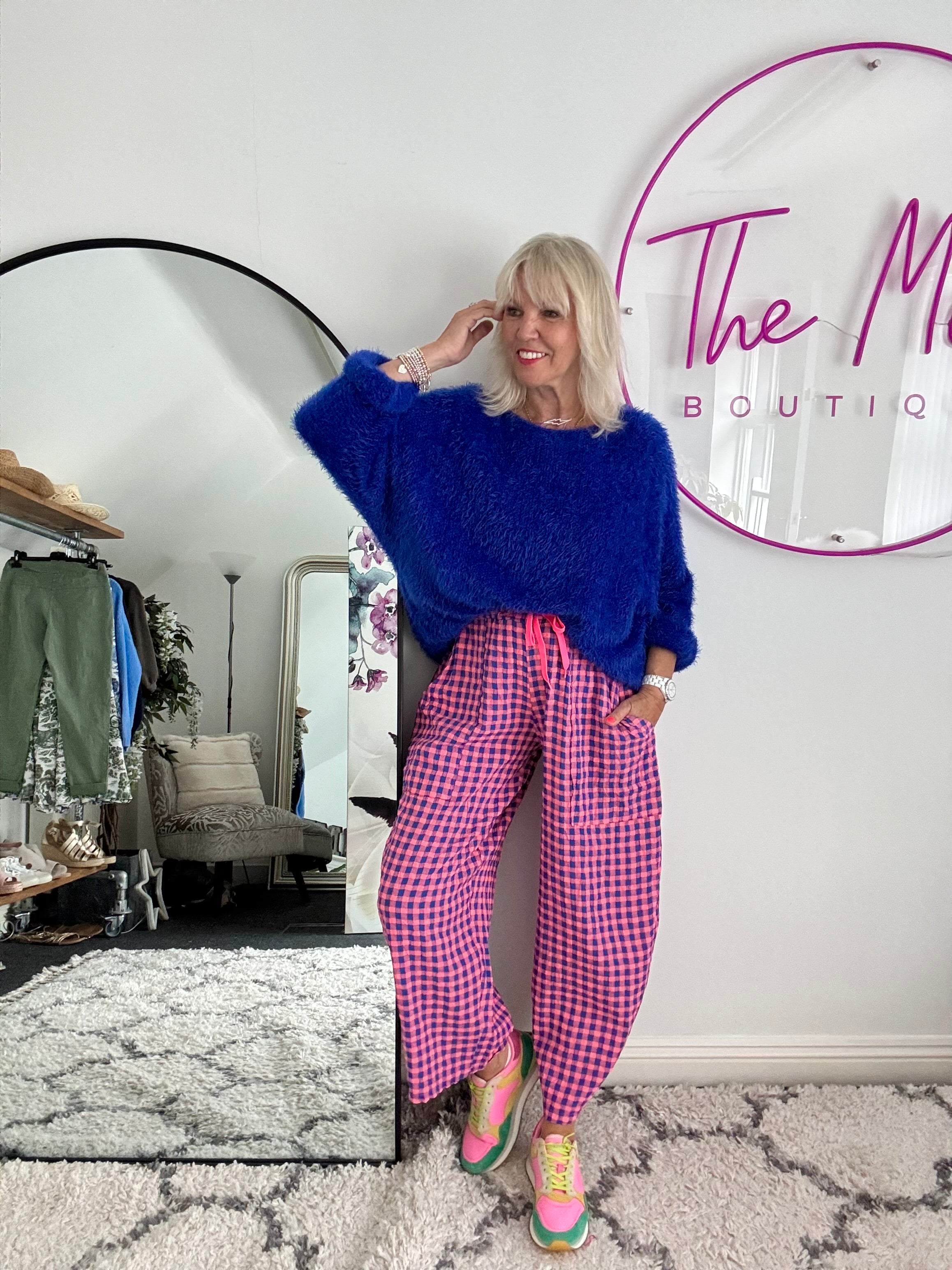 Barrel Check Trousers in Pink & Blue