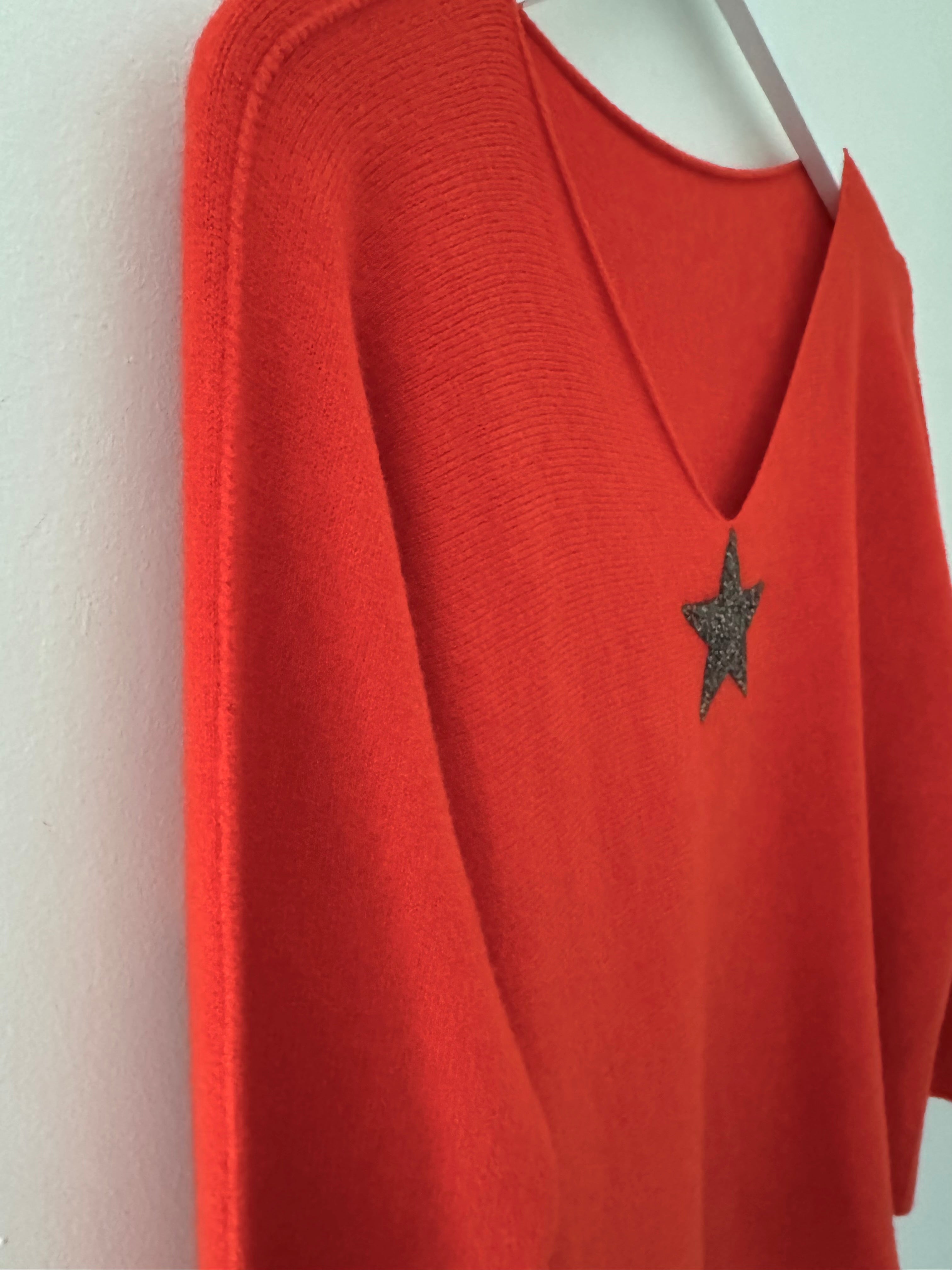 V Neck Glitter Star Jumper in Orange