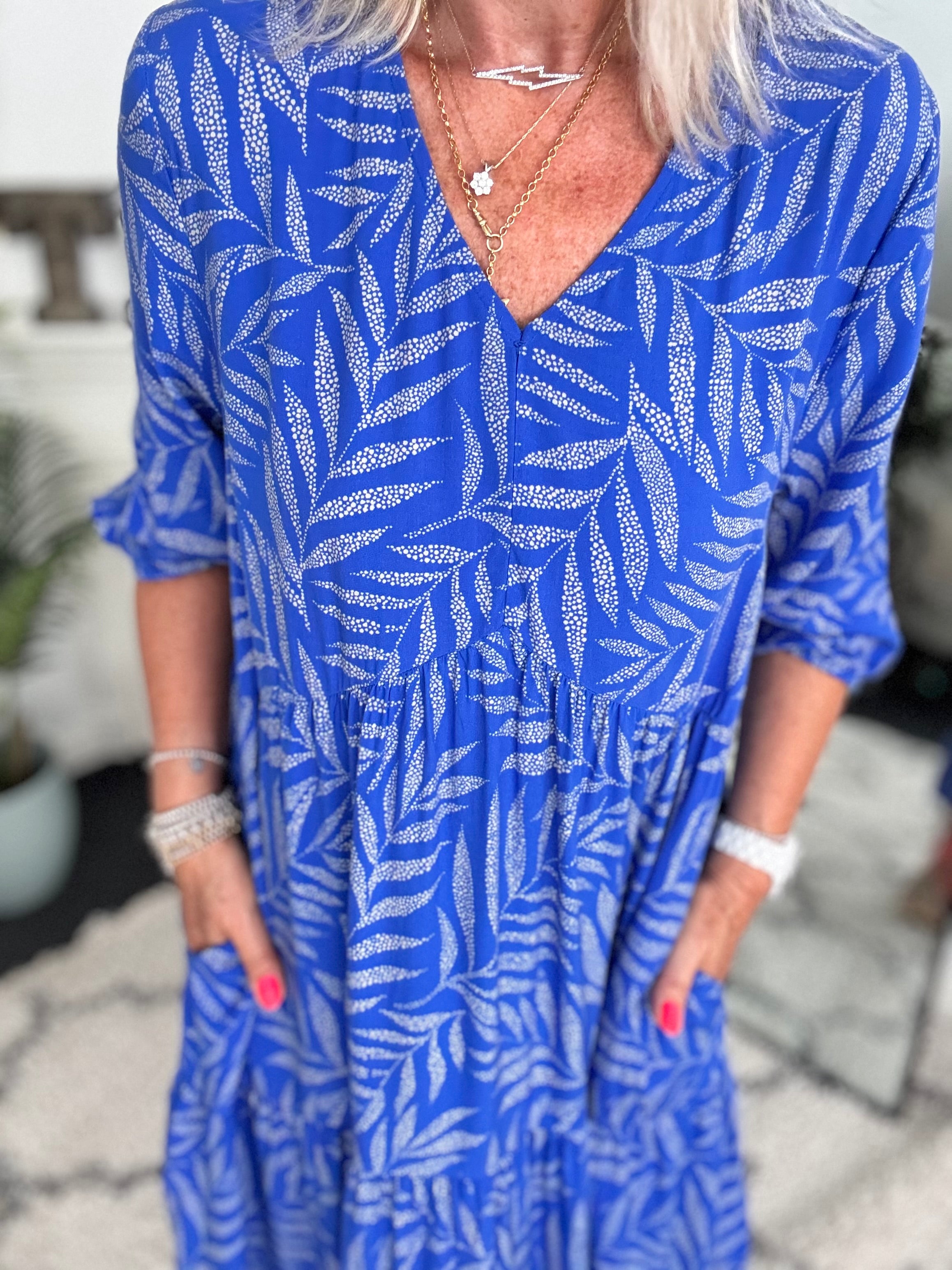 Leaf Tiered Dress in Royal Blue