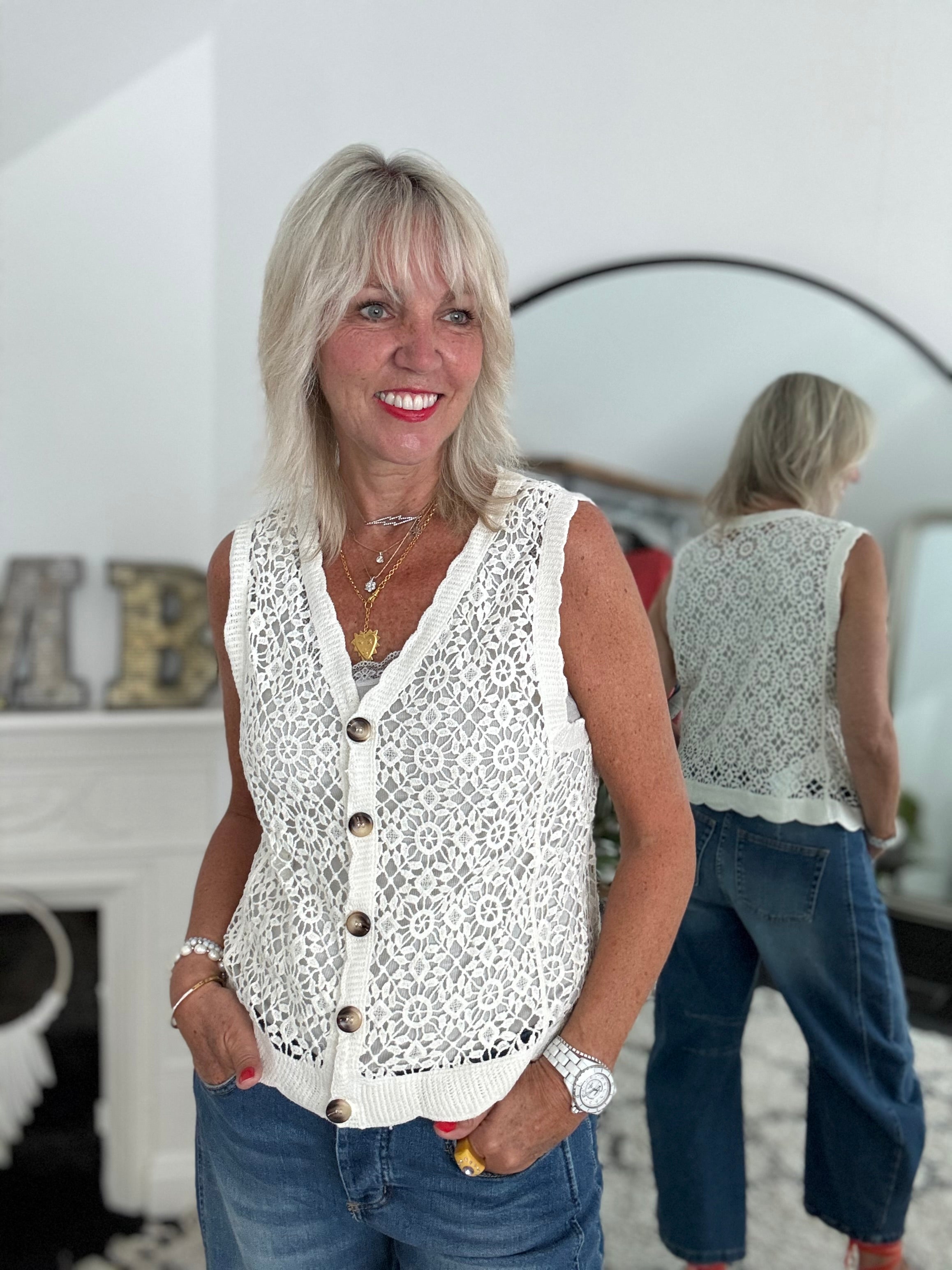 Crochet Buttoned Waistcoat in Ivory