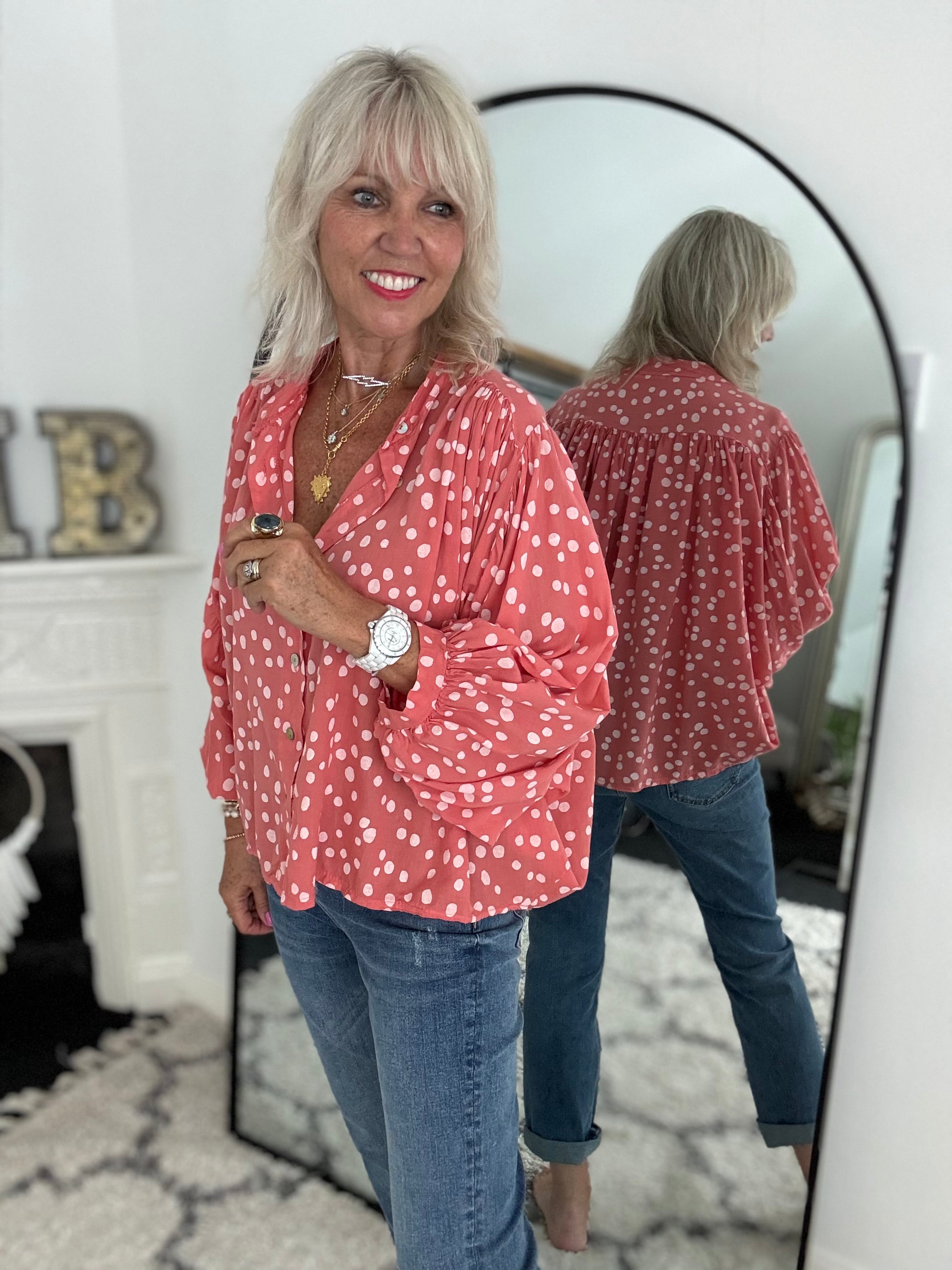 Cotton Batwing Blouse in Coral Spot