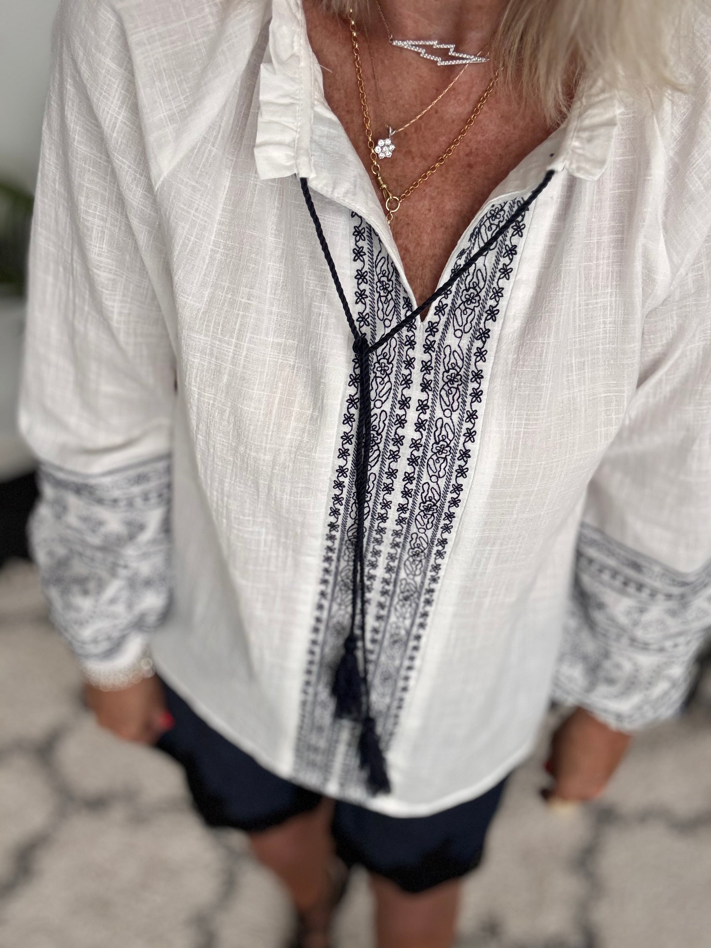 Embroidered Cotton Blouse in White & Navy