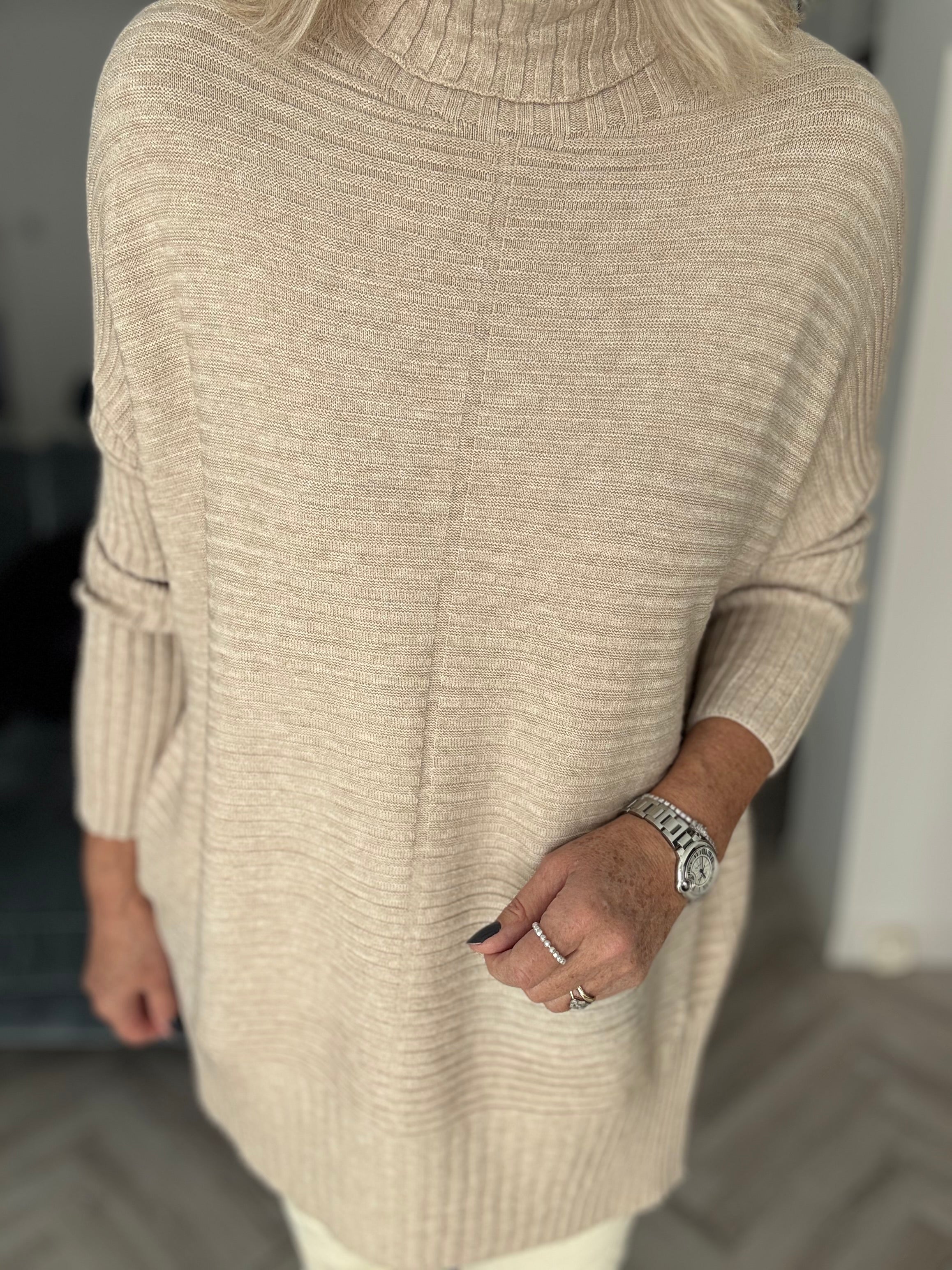 Ribbed Roll Neck Poncho Jumper in Latte