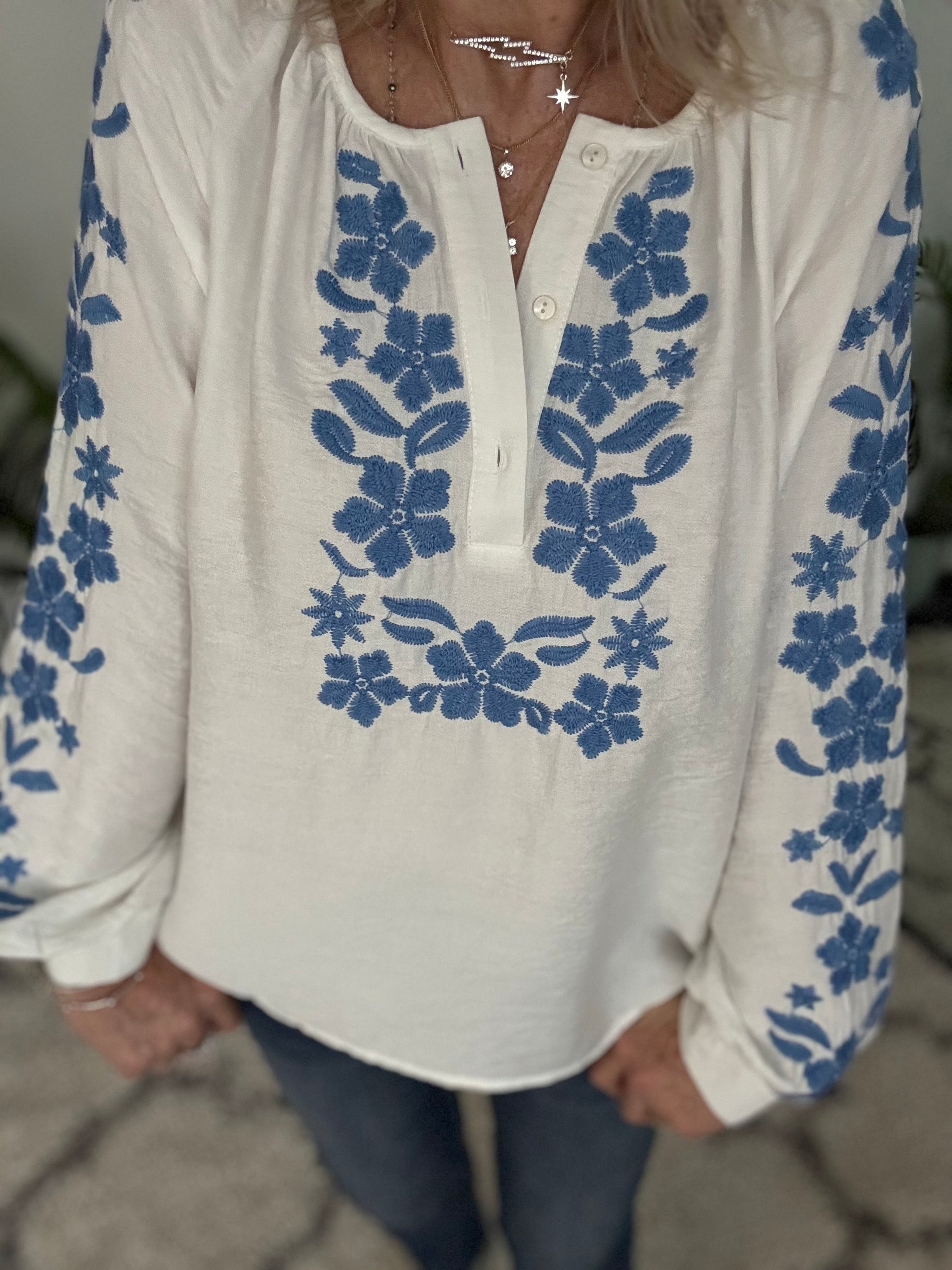 Embroidered Blouse in White & Blue