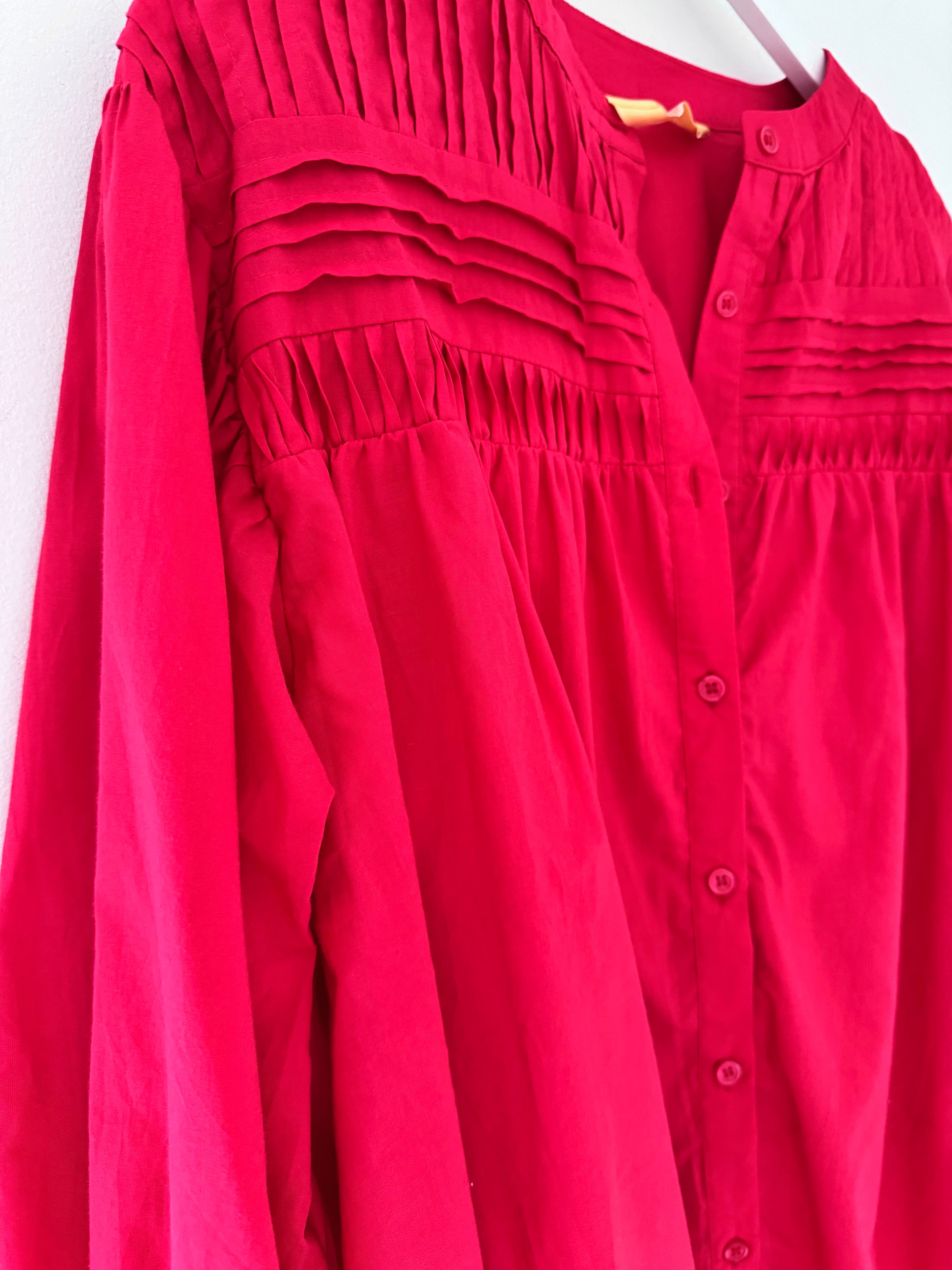 Pintucked Cotton Shirt in Red