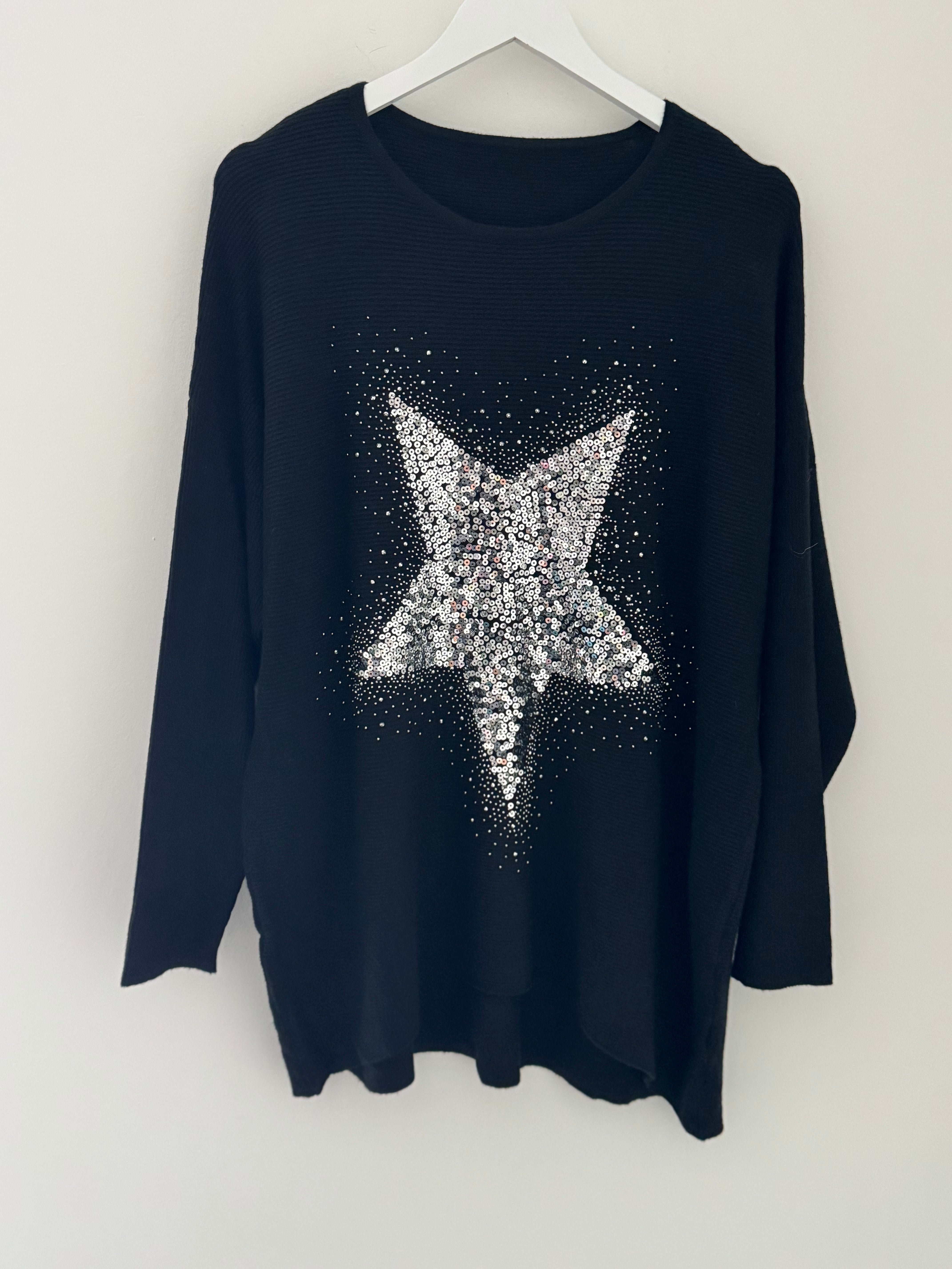 Ribbed Sequin Star Jumper in Black