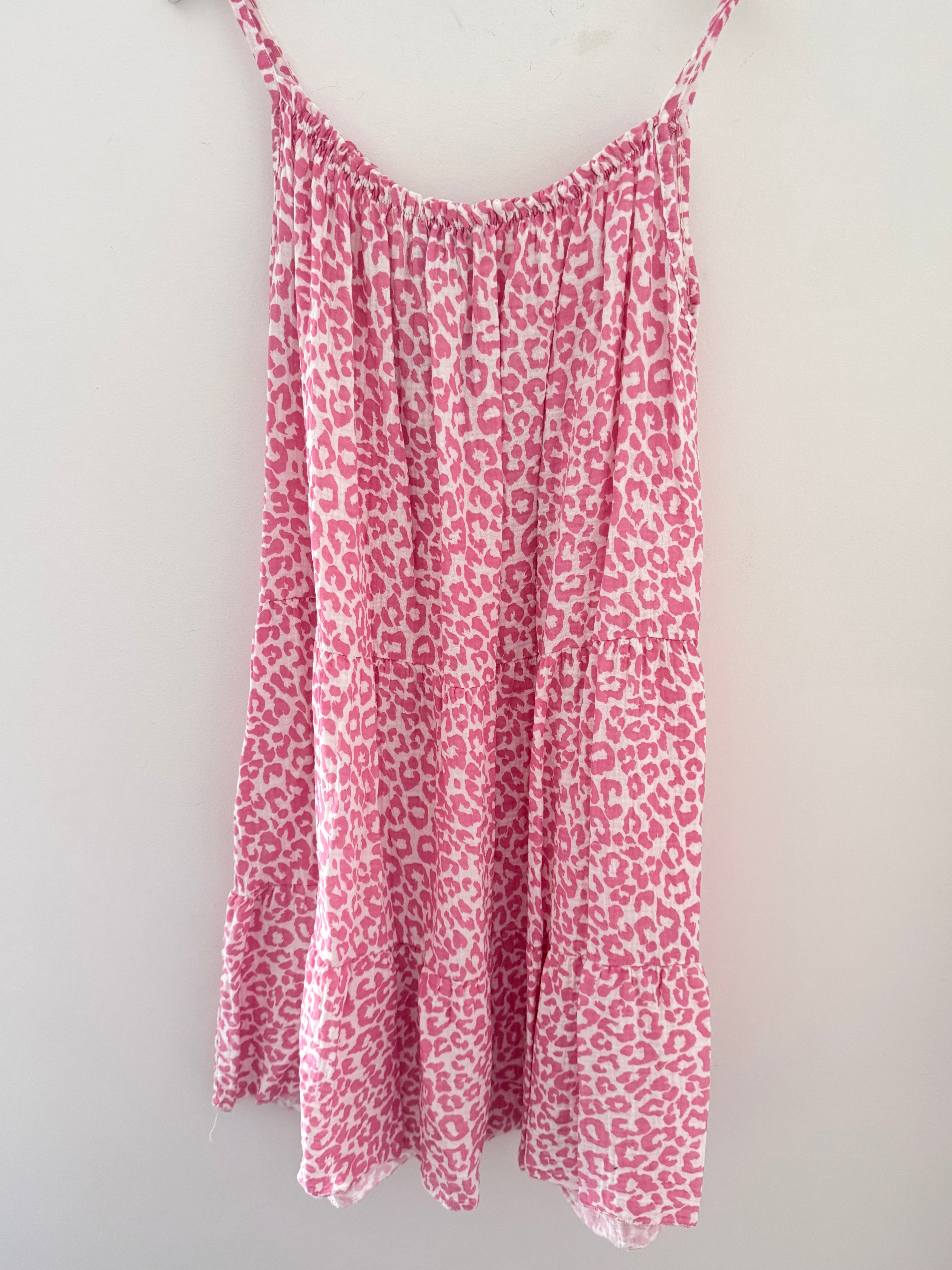 Leopard Cheesecloth Dress in Rose Pink & White
