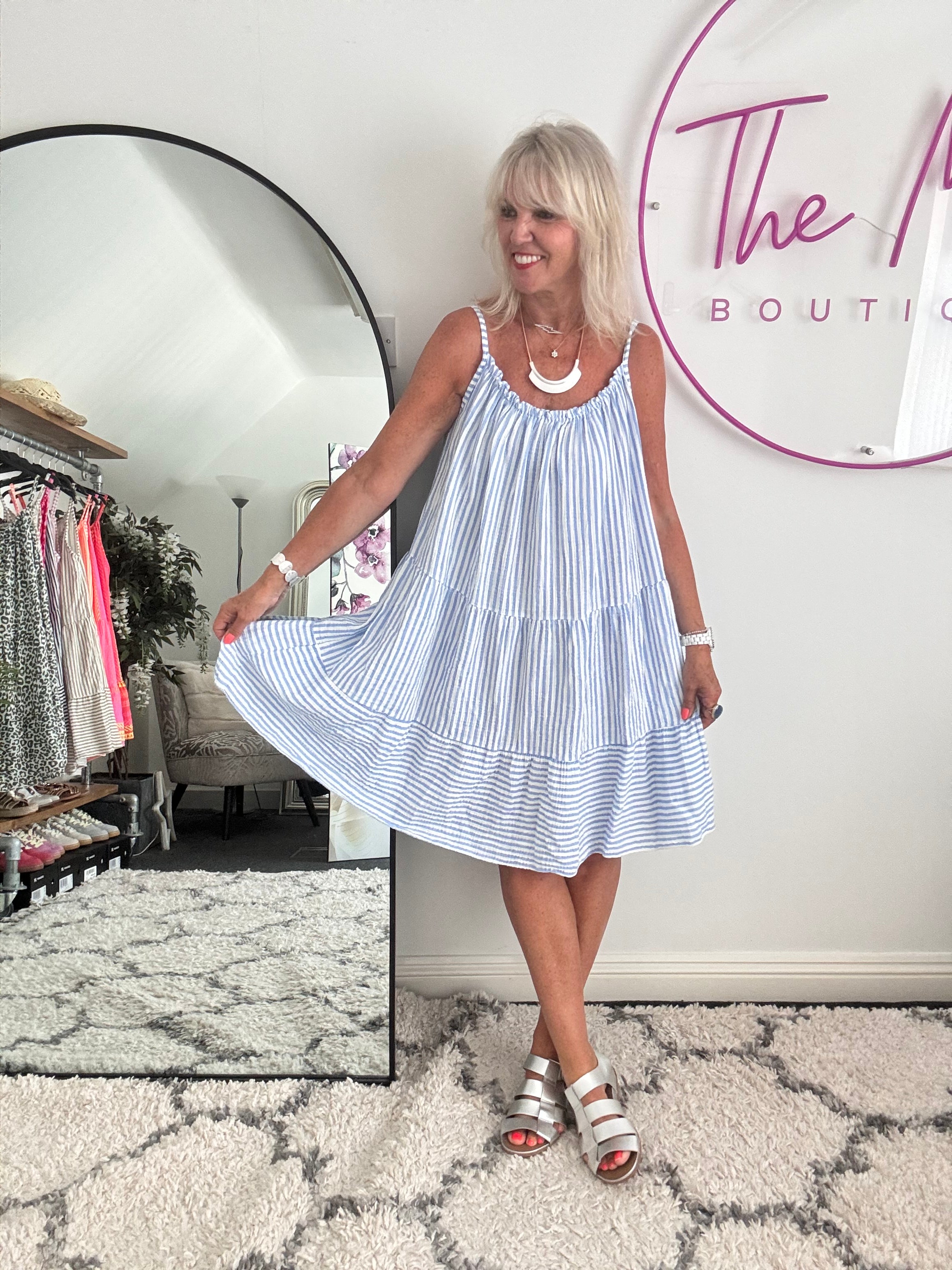 Stripe Cheesecloth Dress in Blue & White