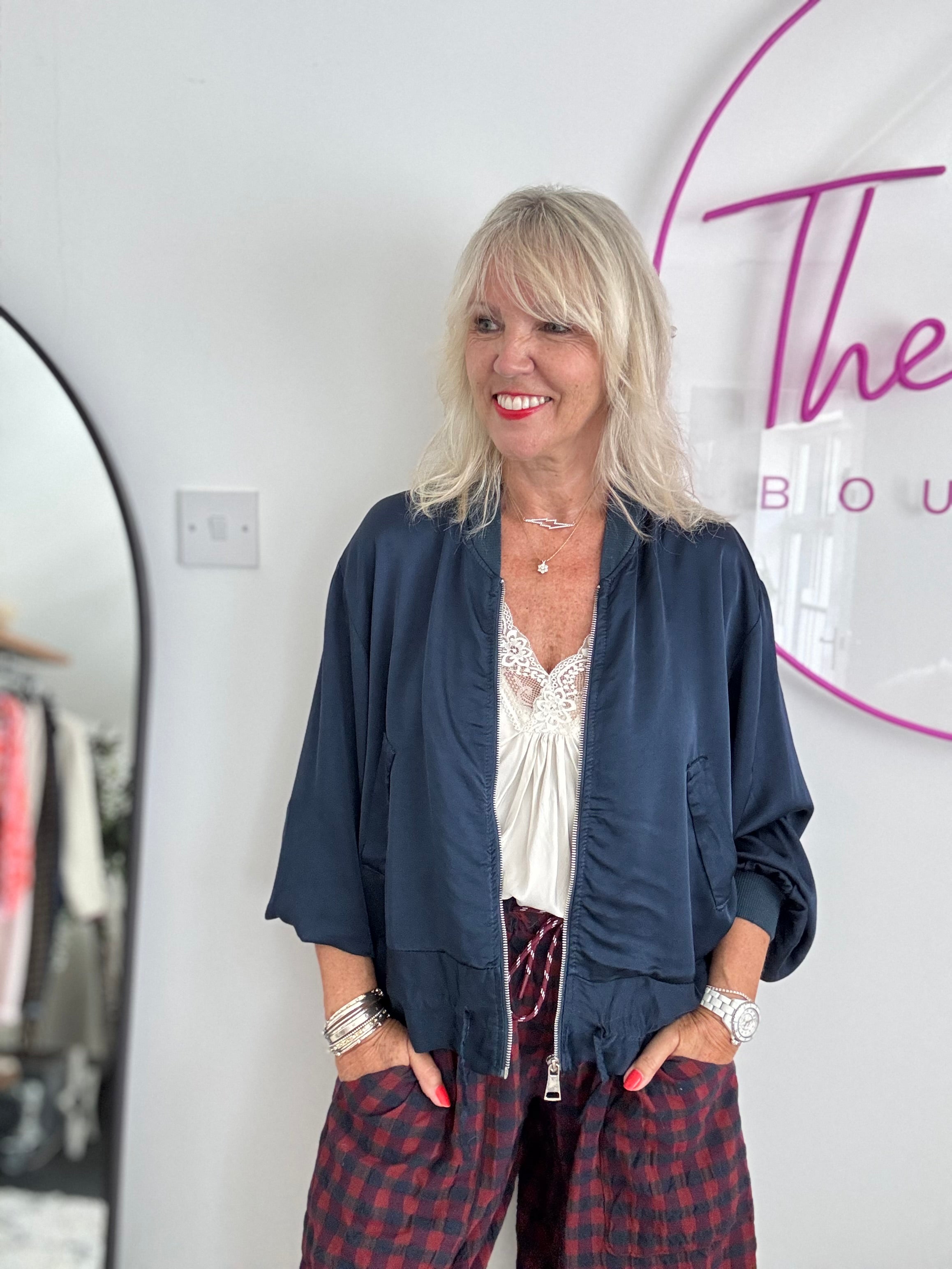 Silky Bomber Jacket in Midnight Blue