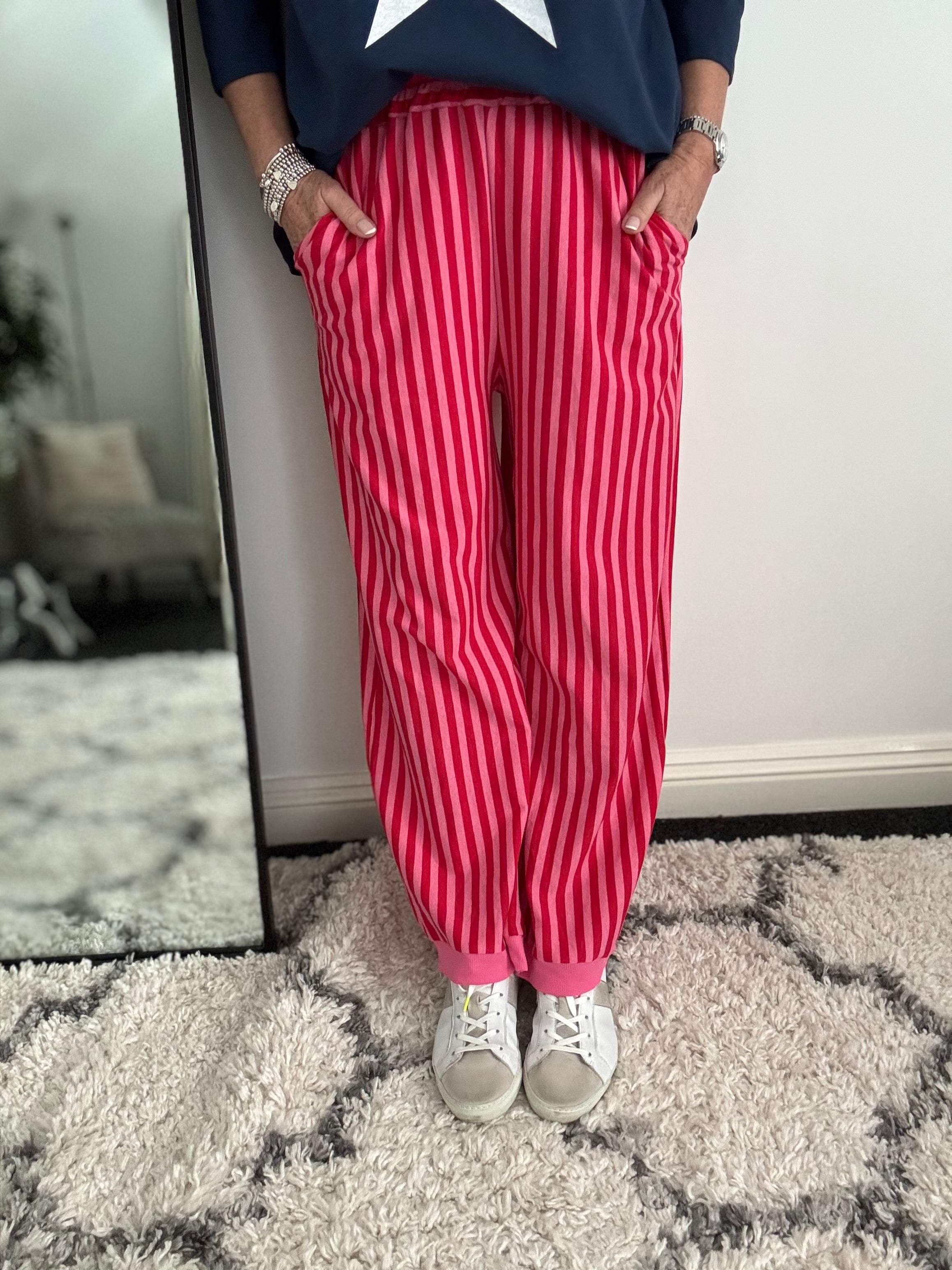 Stretch Stripe Trousers in Pink & Red