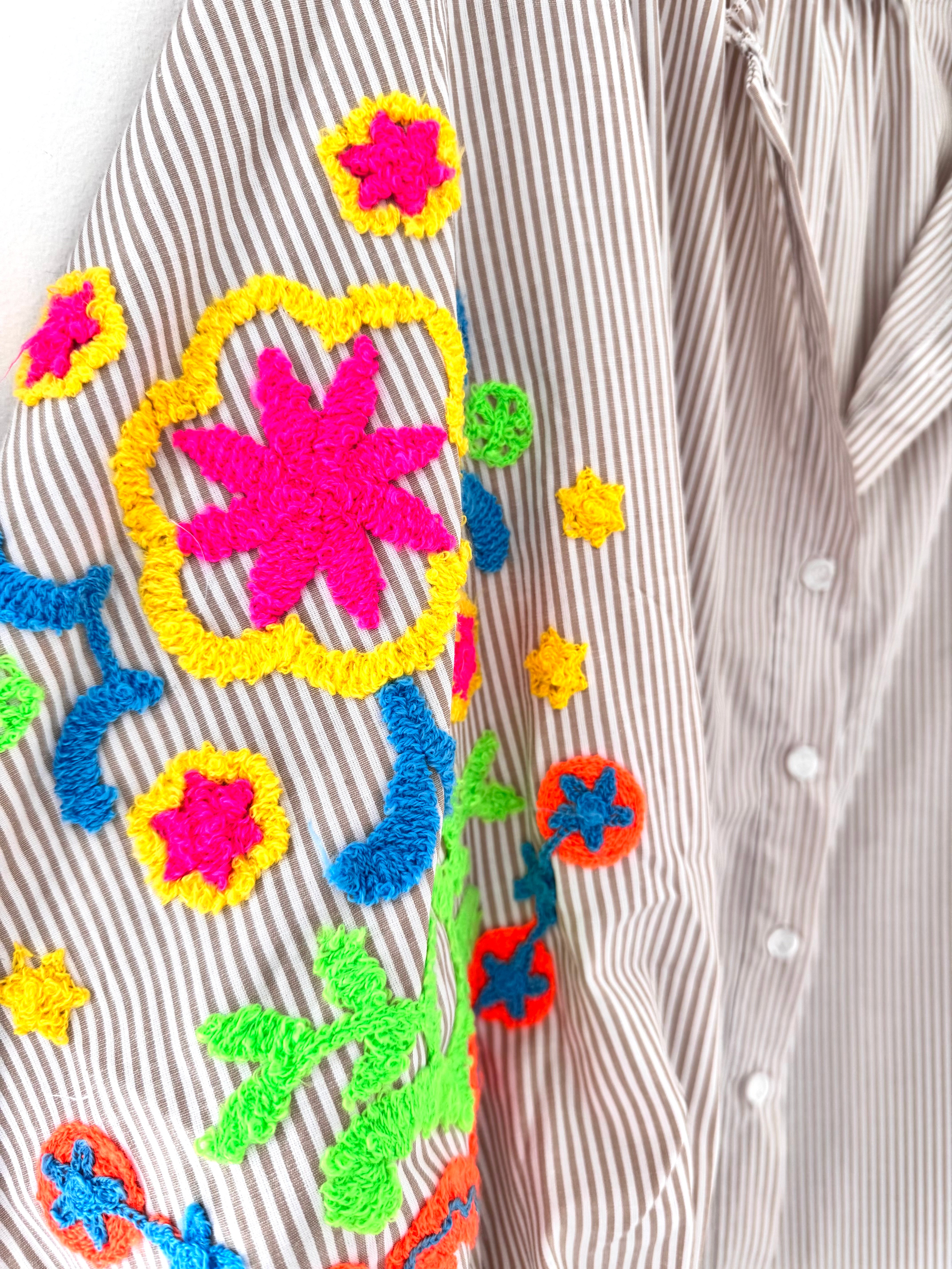 Designer Stripe Shirt with Neon Embroidered Sleeves in Stone