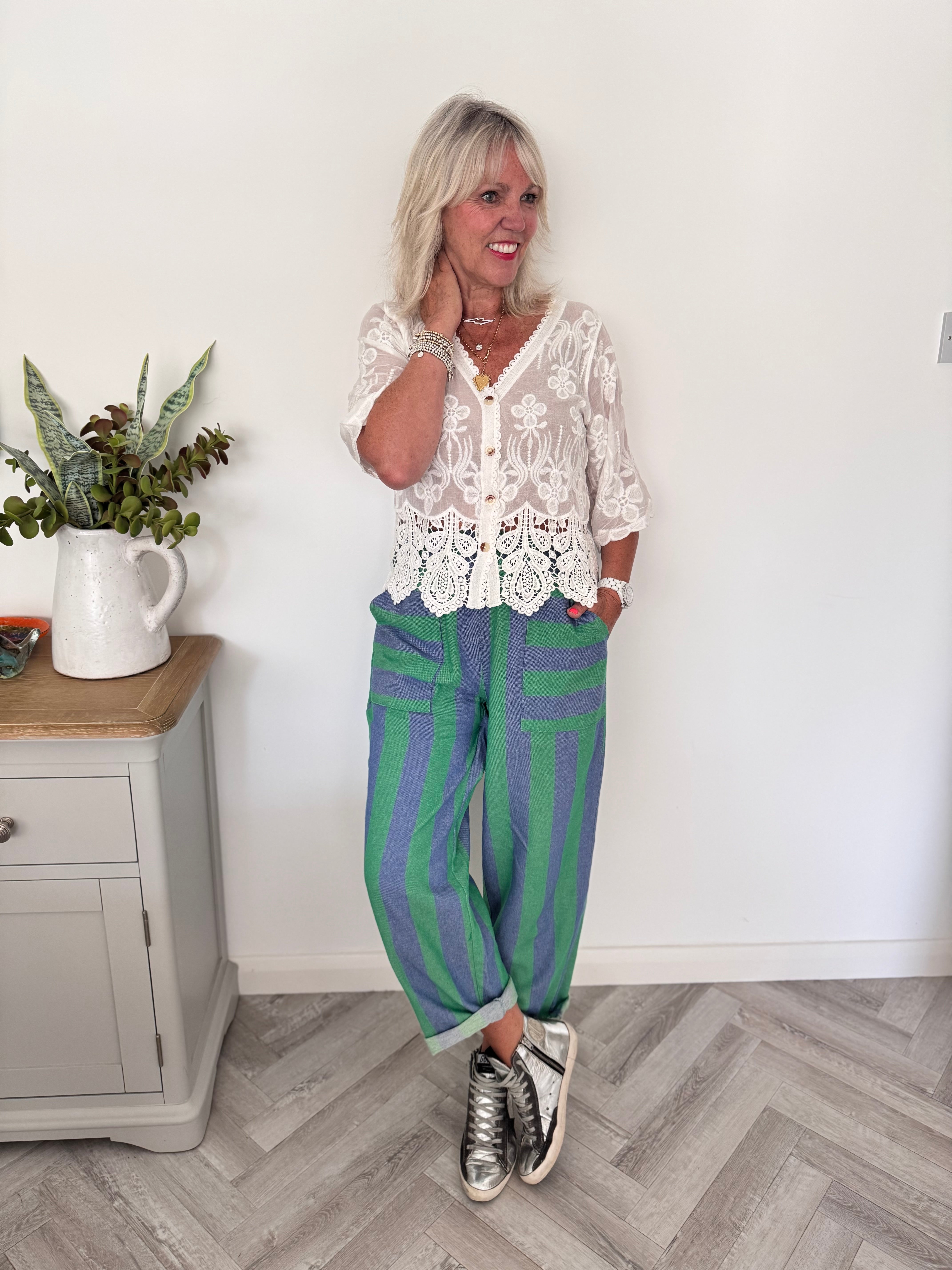 Stripe Trousers with Deep Pockets in Blue & Green