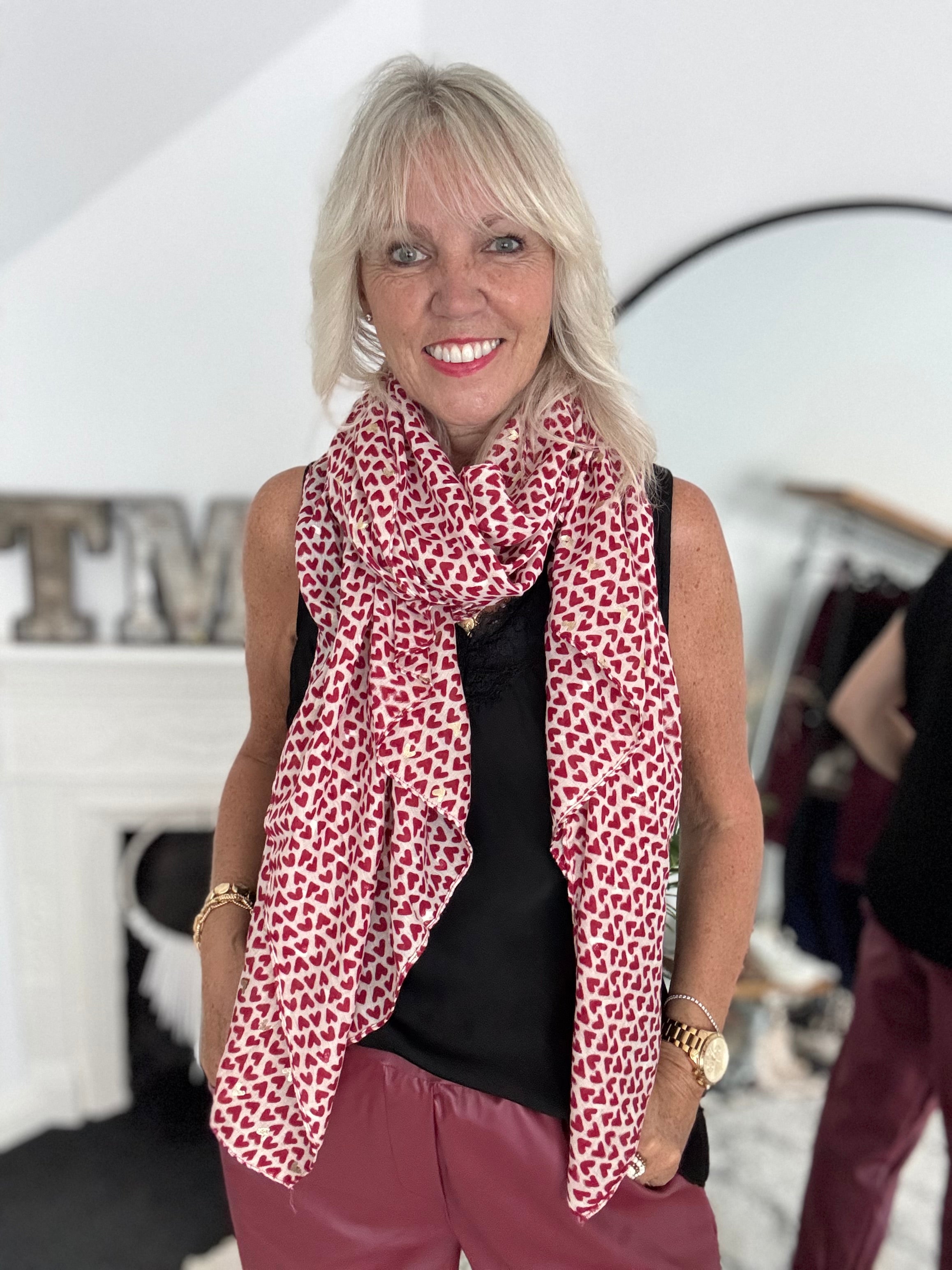 Metallic Hearts Scarf in Berry Red