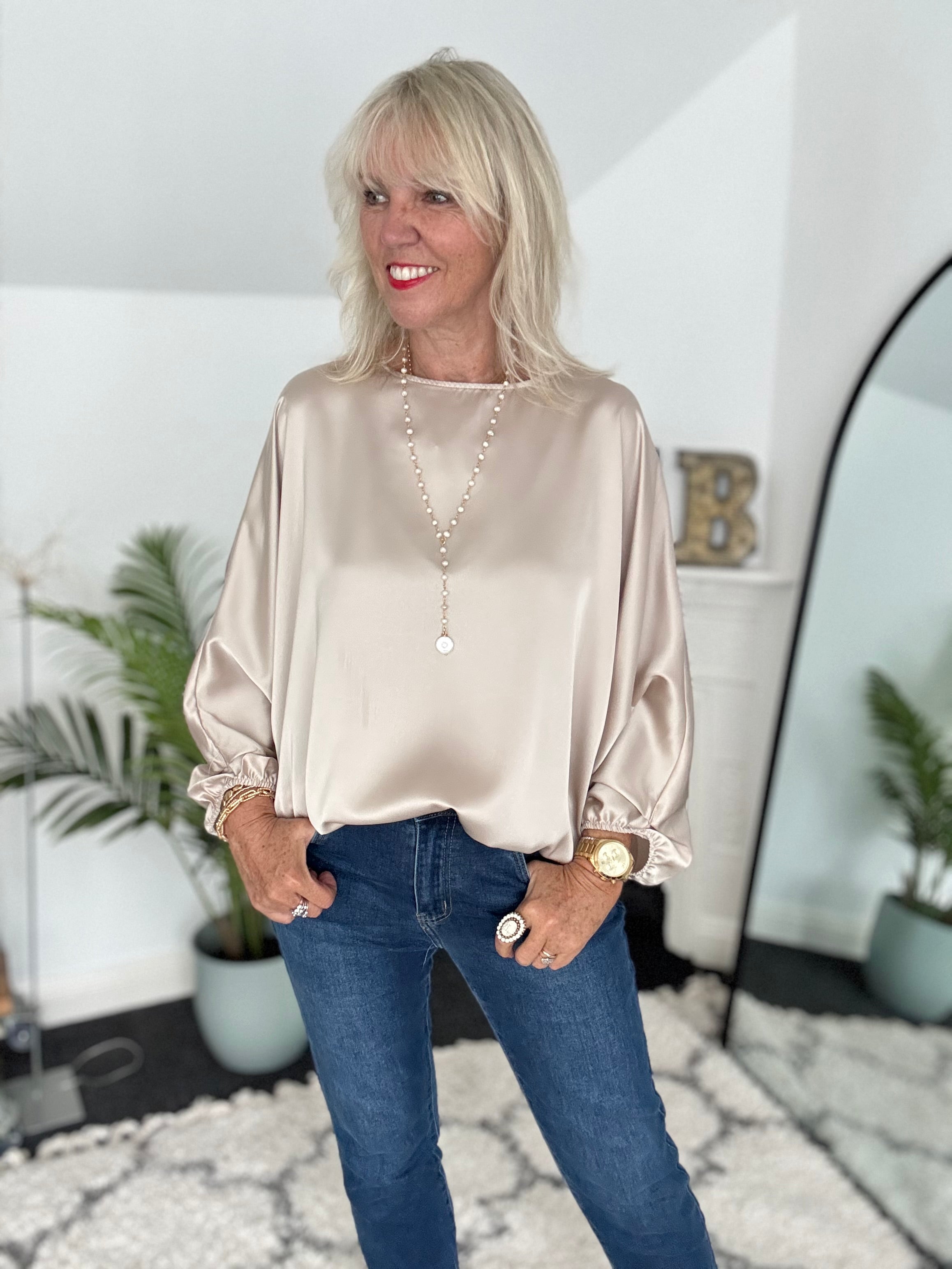 Silky Round Neck Top in Ecru