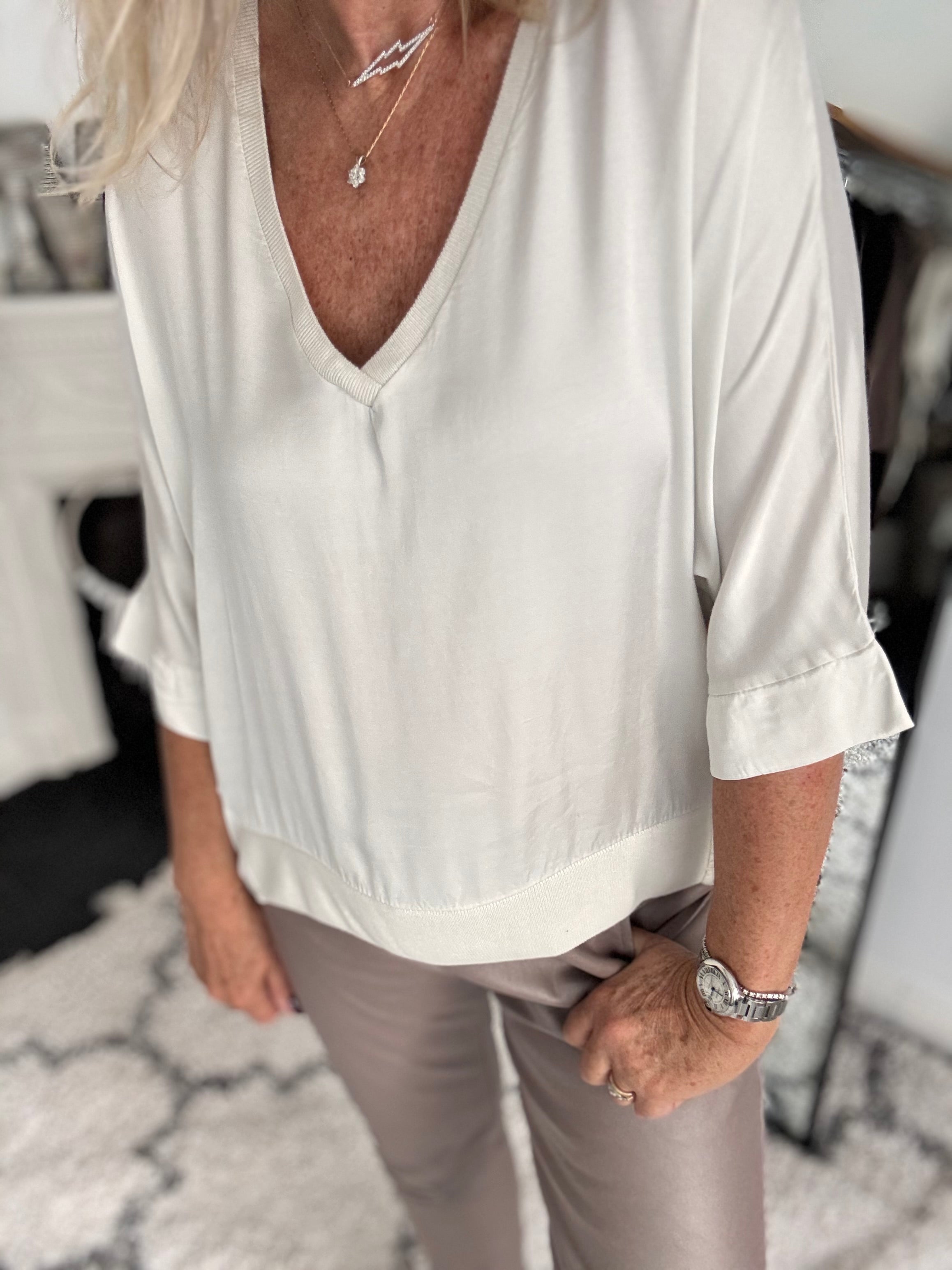 Silky V Neck Top in Ecru