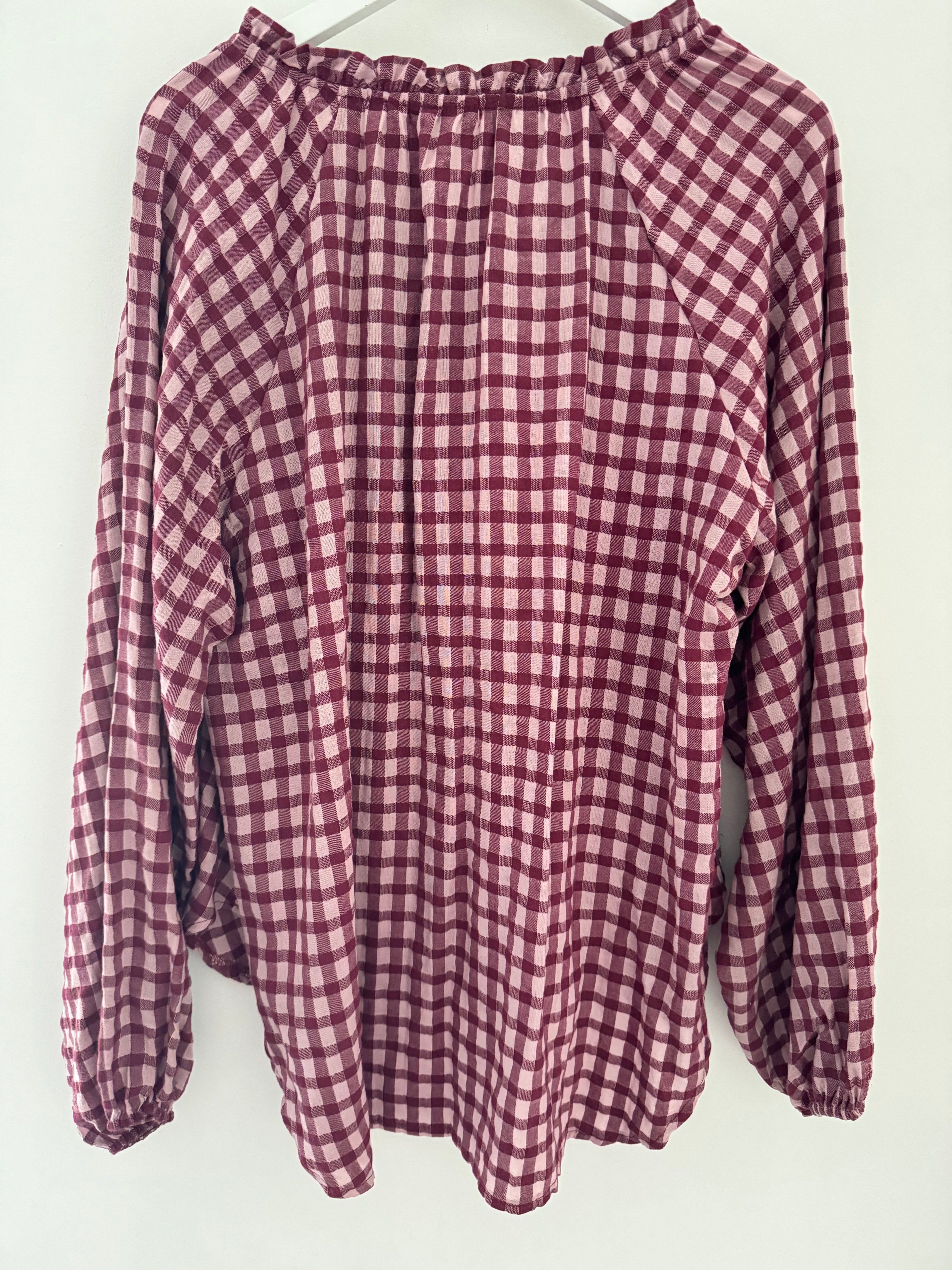 Oversized V Neck Check Top in Berry