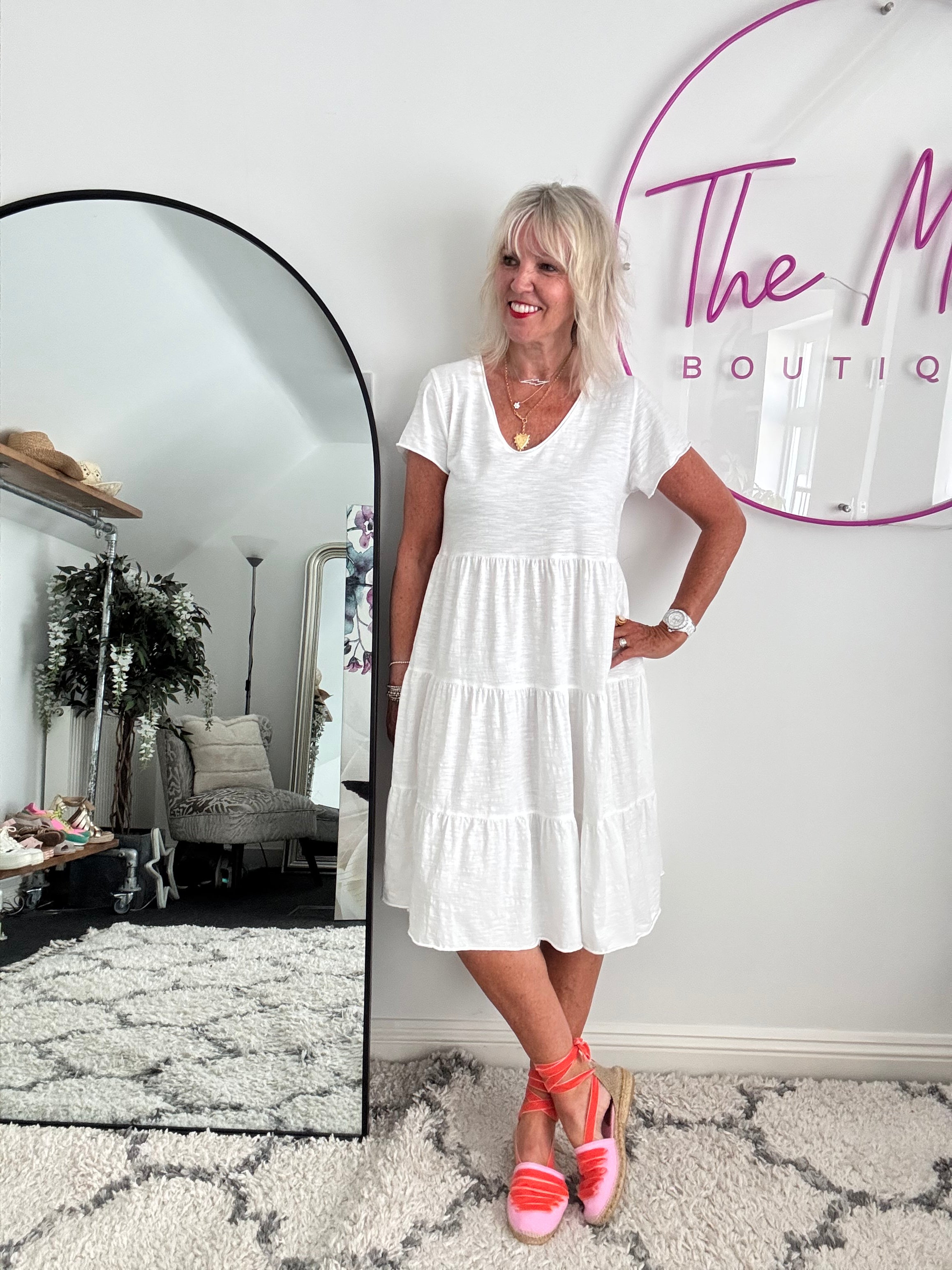 Tiered Cotton Stretch Dress in White