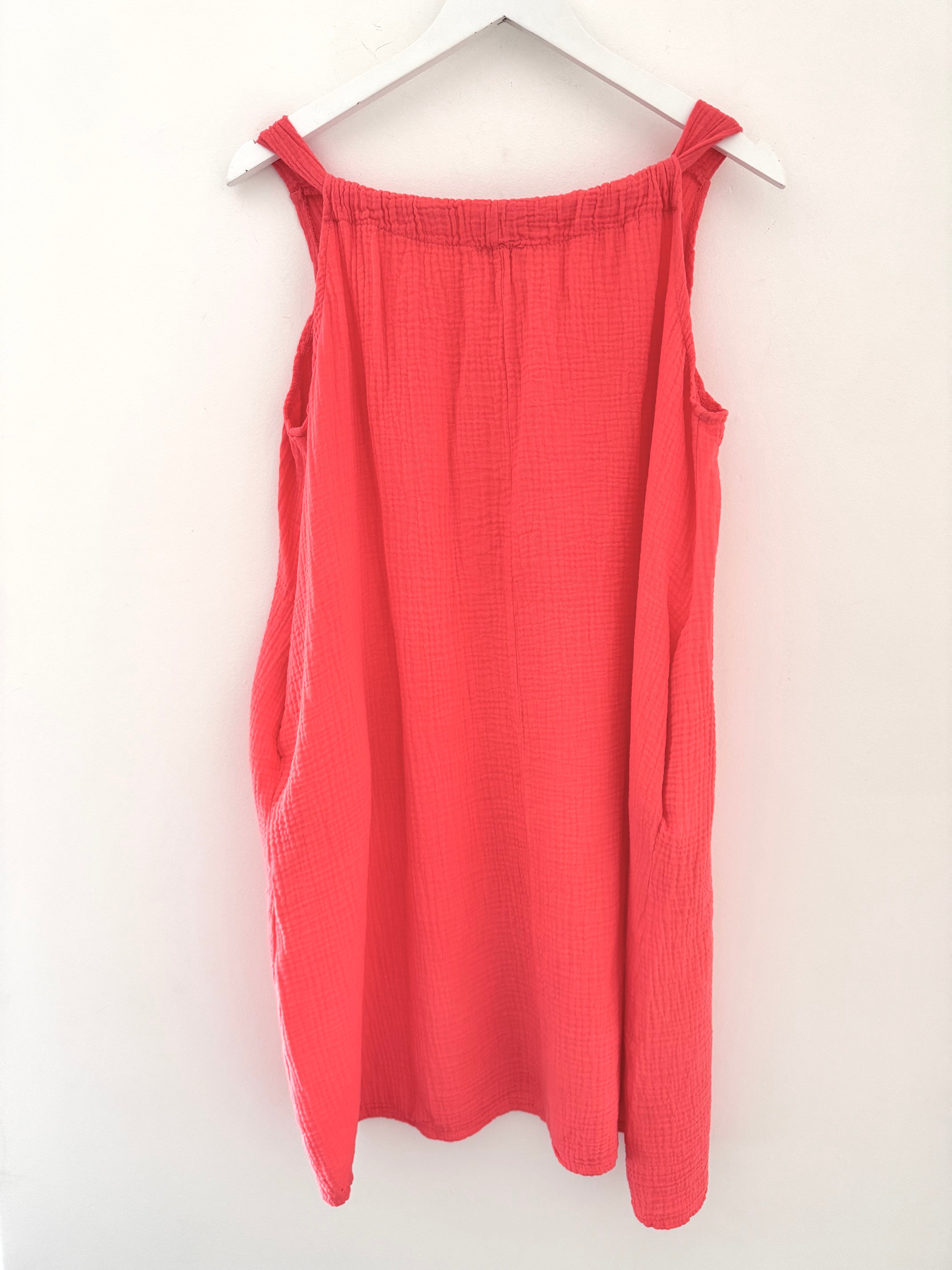 Simple Cheesecloth Pocket Dress in Coral