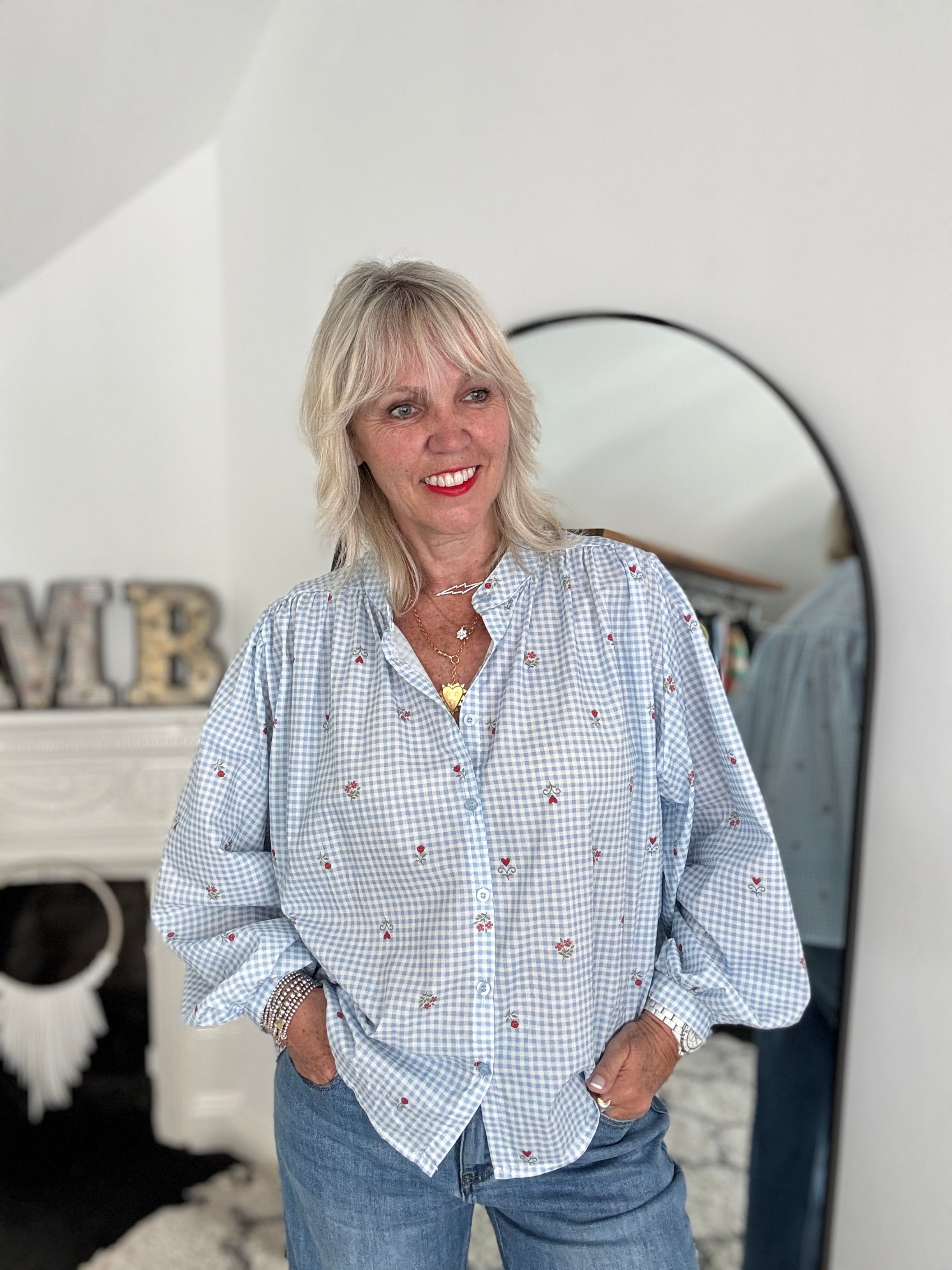 Gingham & Sprig Shirt in Blue & White