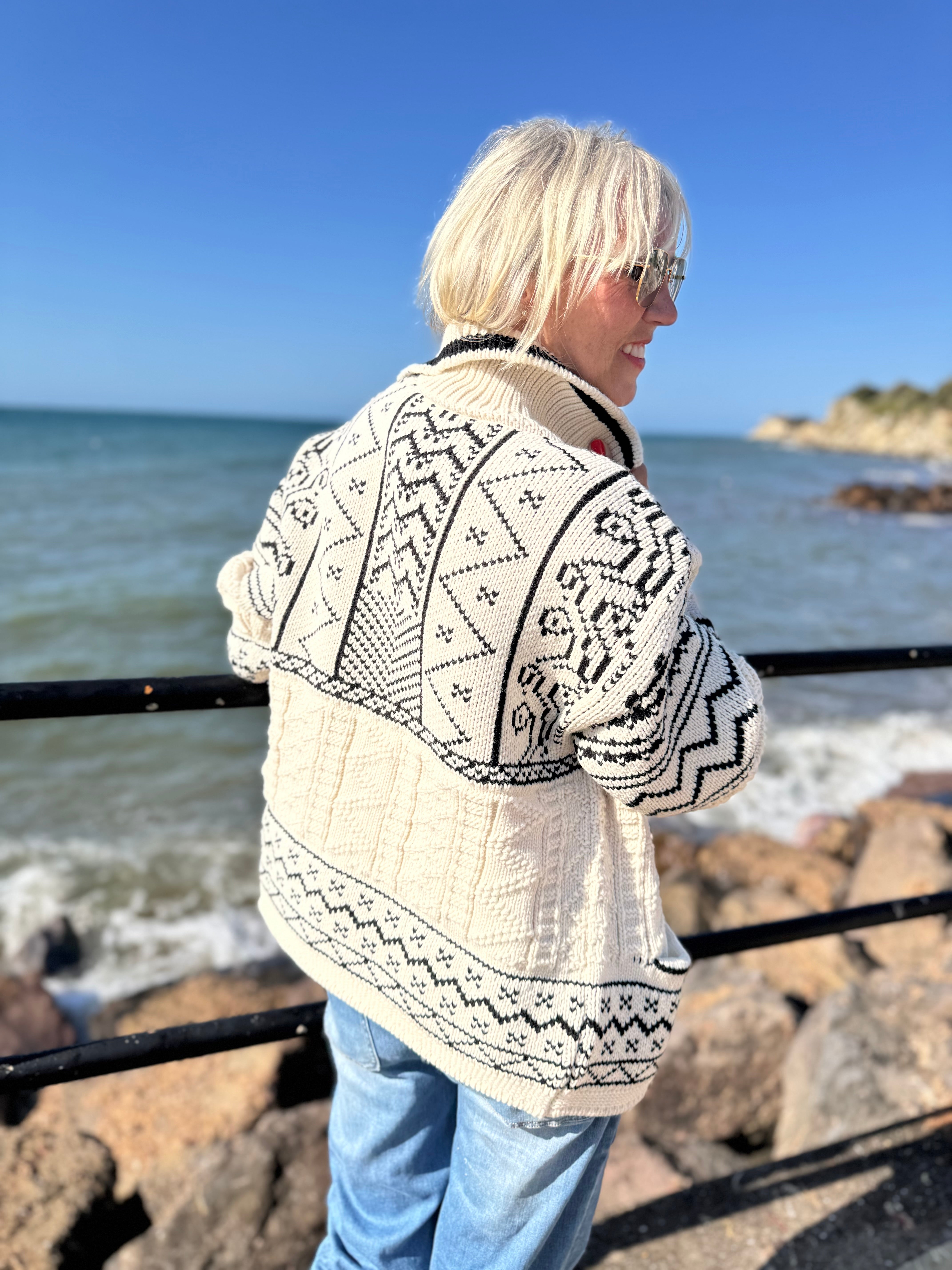 Luxe Nordic Cardigan with Toggles in Ecru & Black
