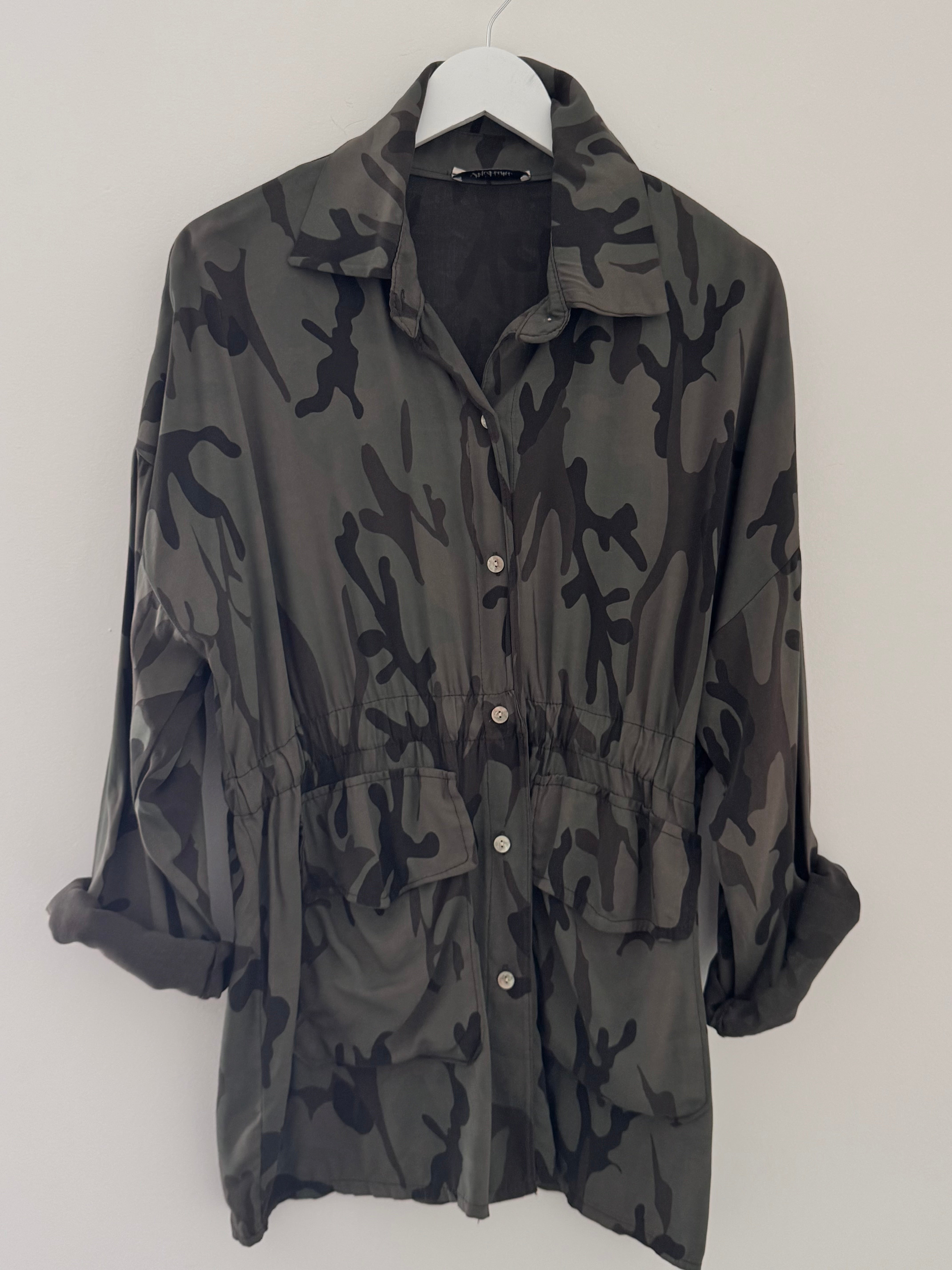 Light Camo Shacket in Khaki & Chocolate