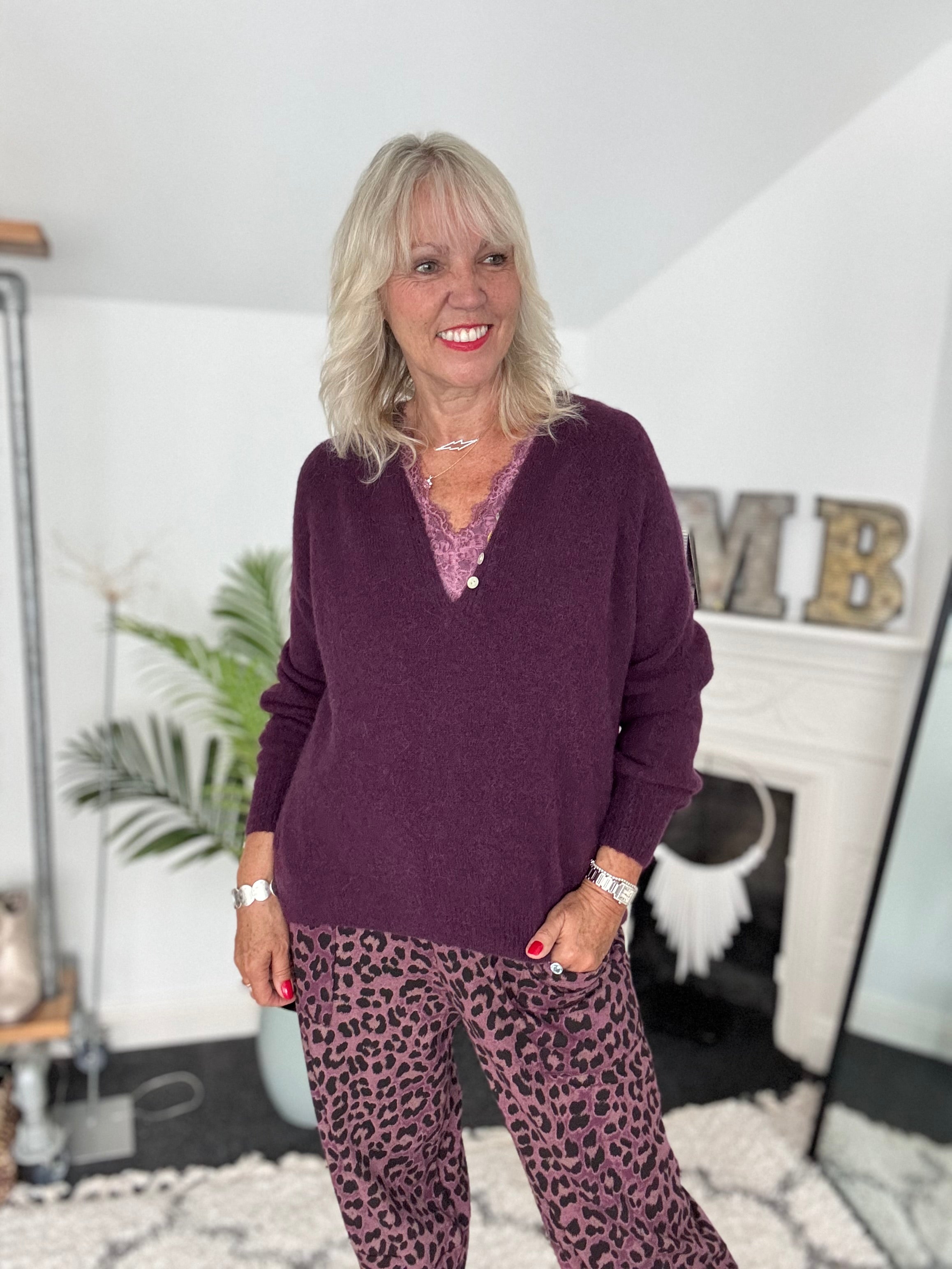 Softie Jumper with Button Neck in Plum