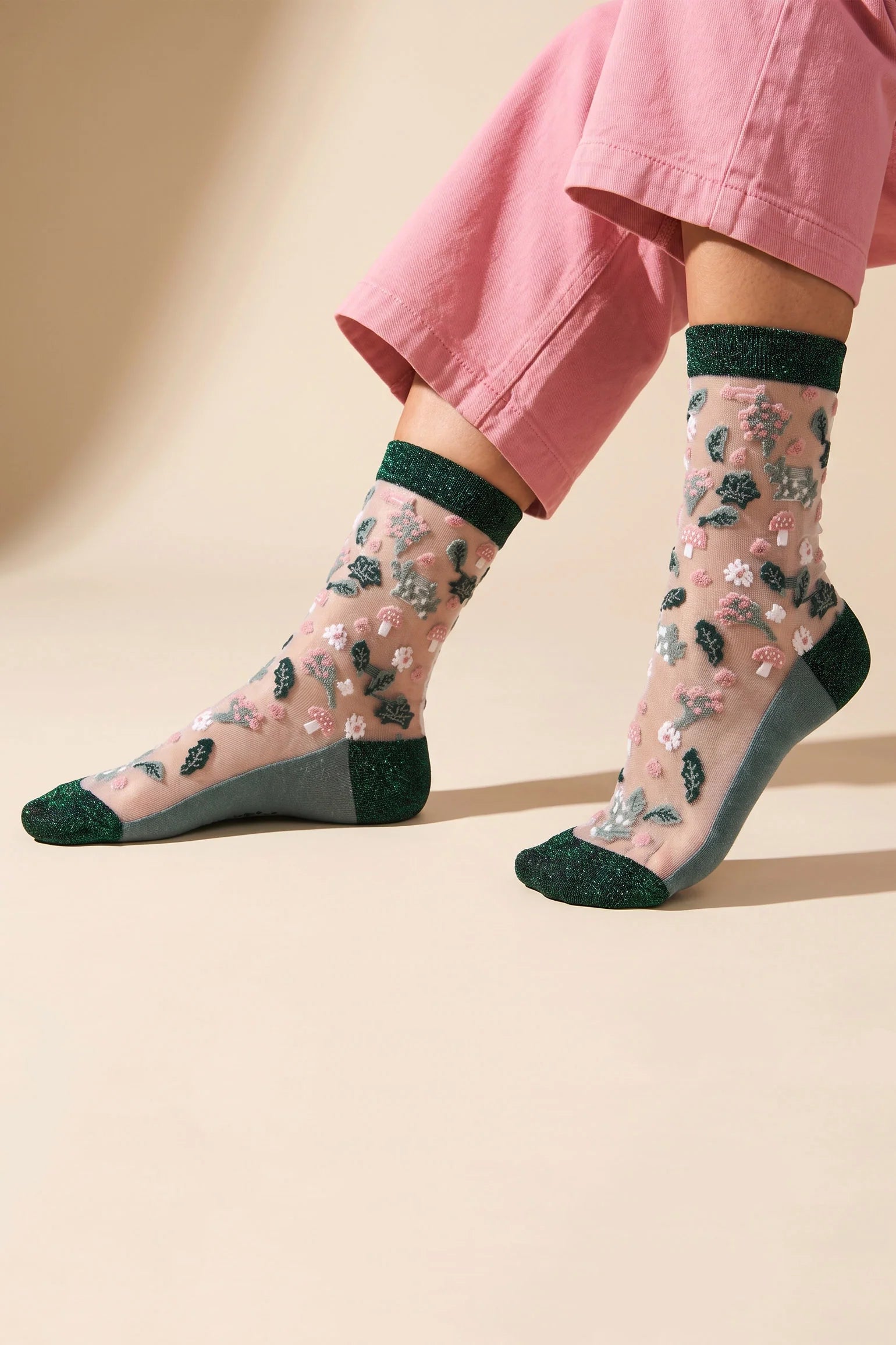 Floral Sheer Socks in Forest Green & Pink