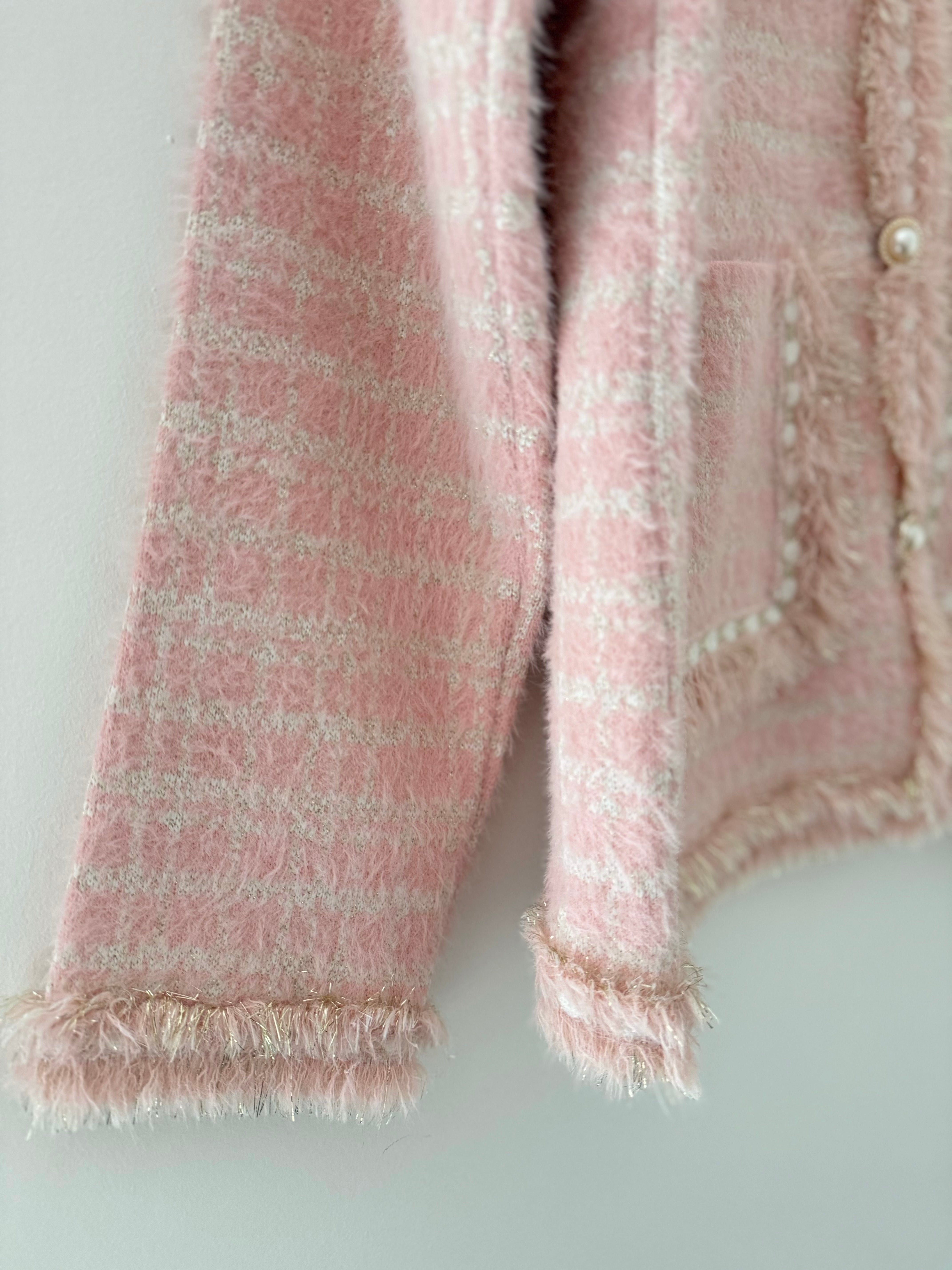 Pearl Button & Tweed Cardi Jacket in Pink