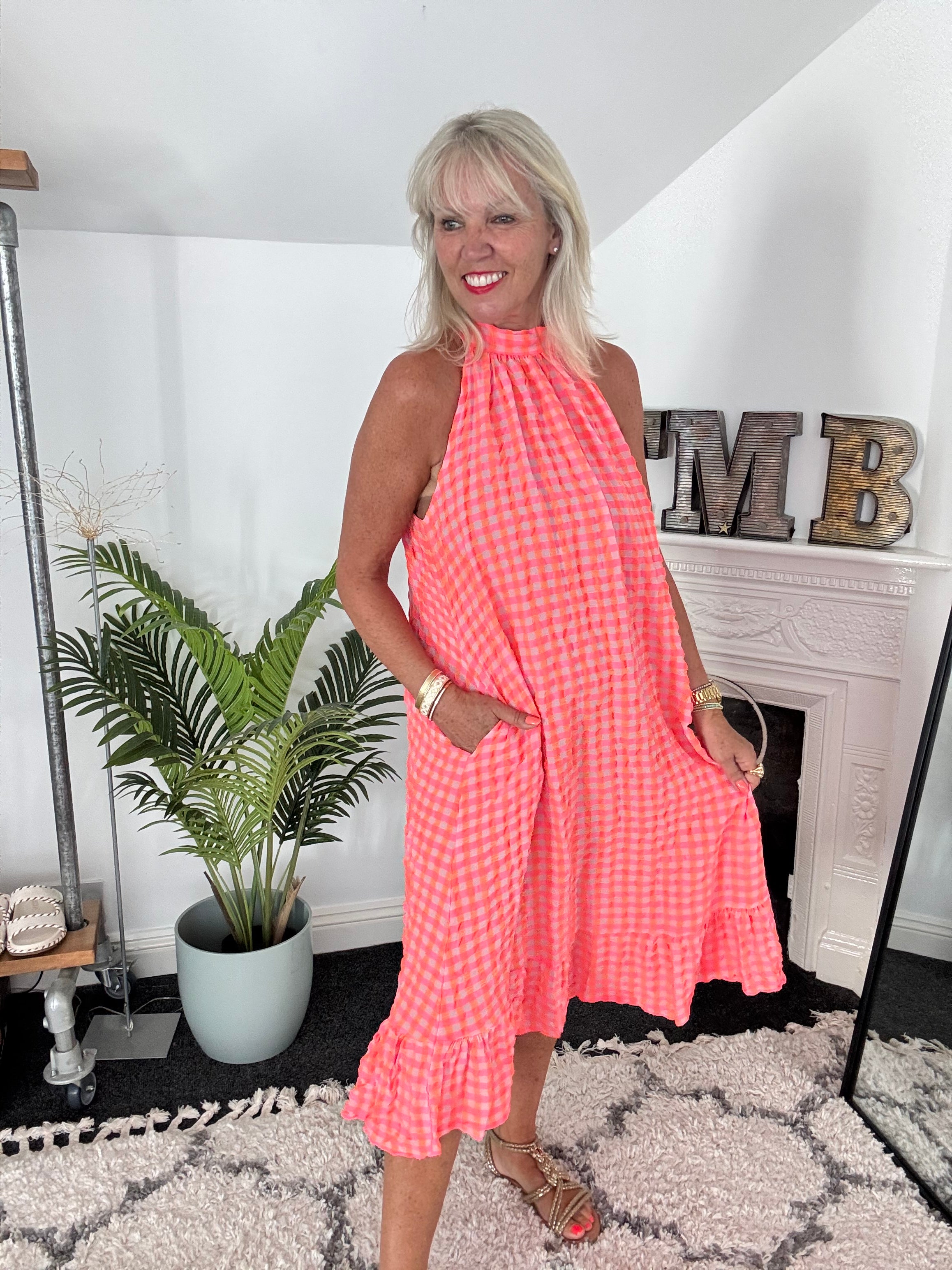 Halterneck Check Dress in Neon Pink & Orange