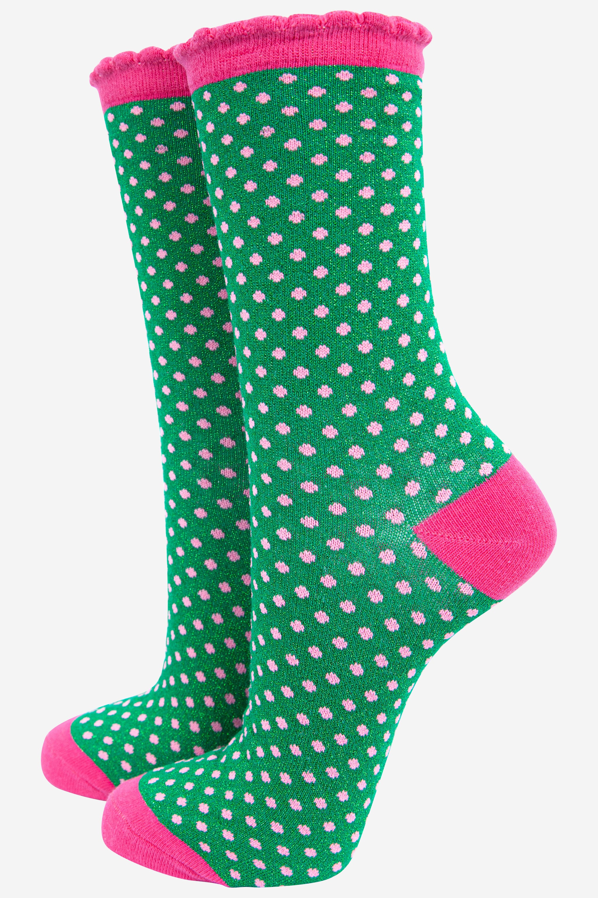 Glitter Cotton Socks in Polkadot Pink & Green