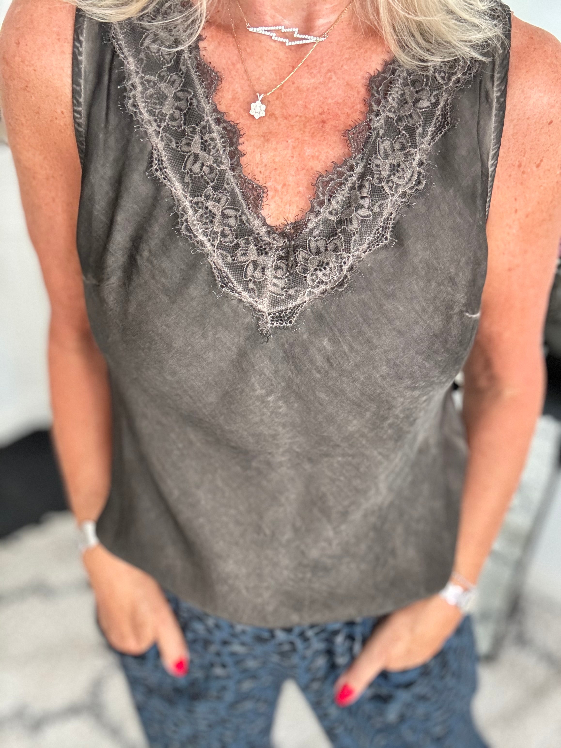 Lace Trim Silk Top in Cocoa