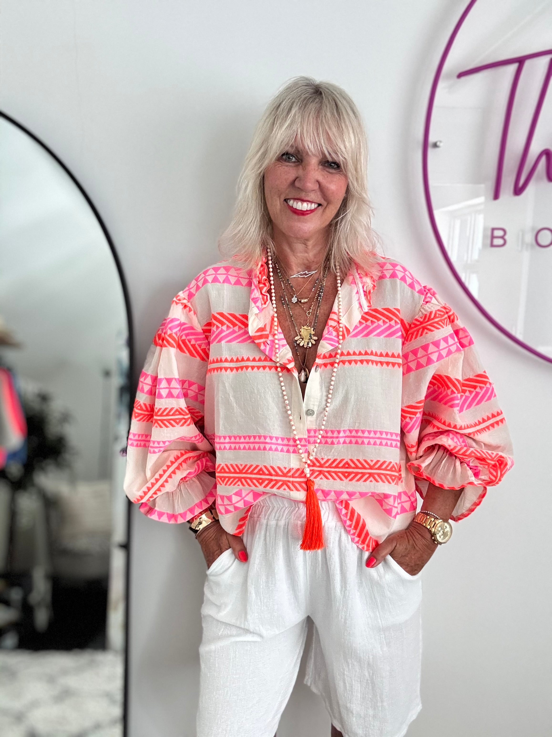 Embroidered Shirt in Neon Pink & Orange
