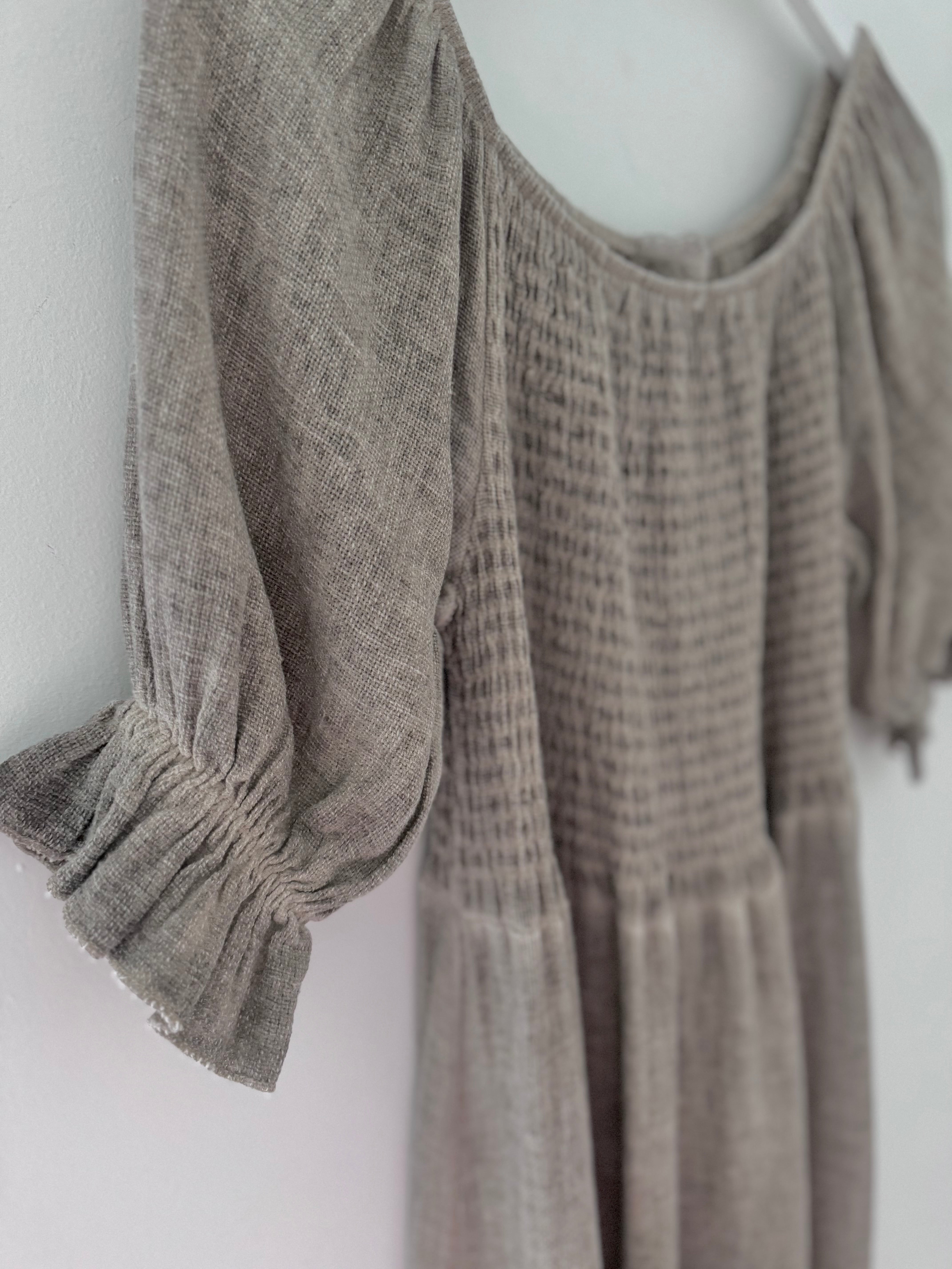 Cotton & Linen Shirred Dress in Mocha