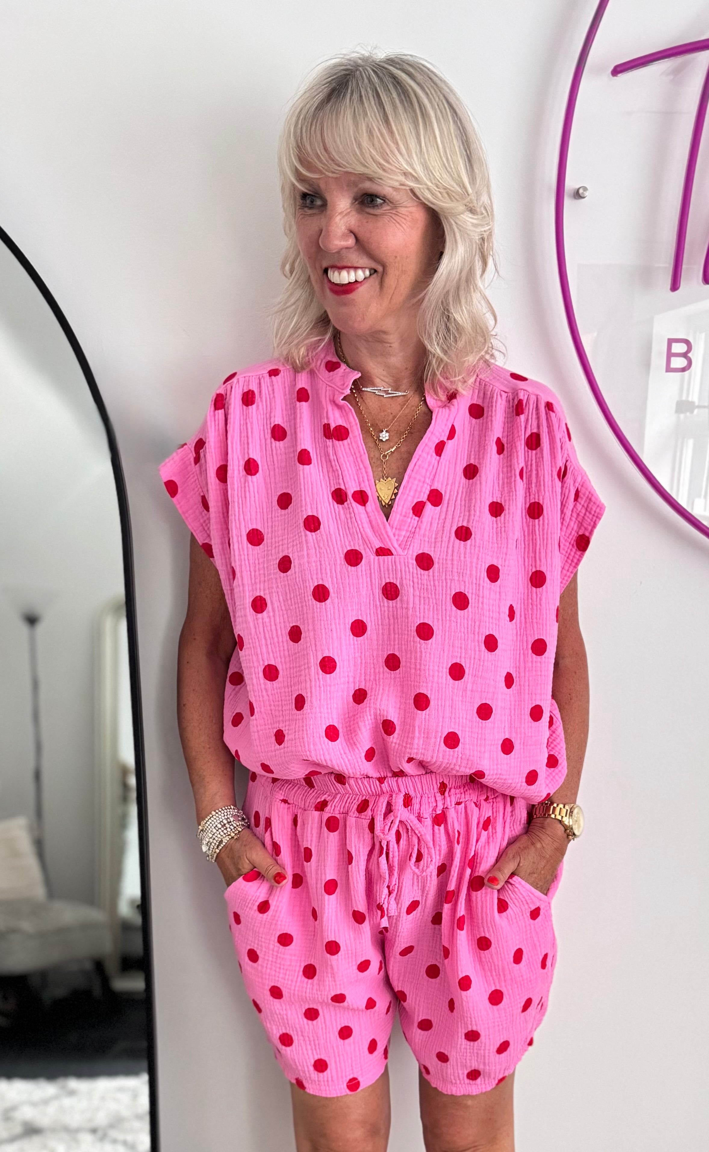 Cheesecloth Spot Top in Pink & Red