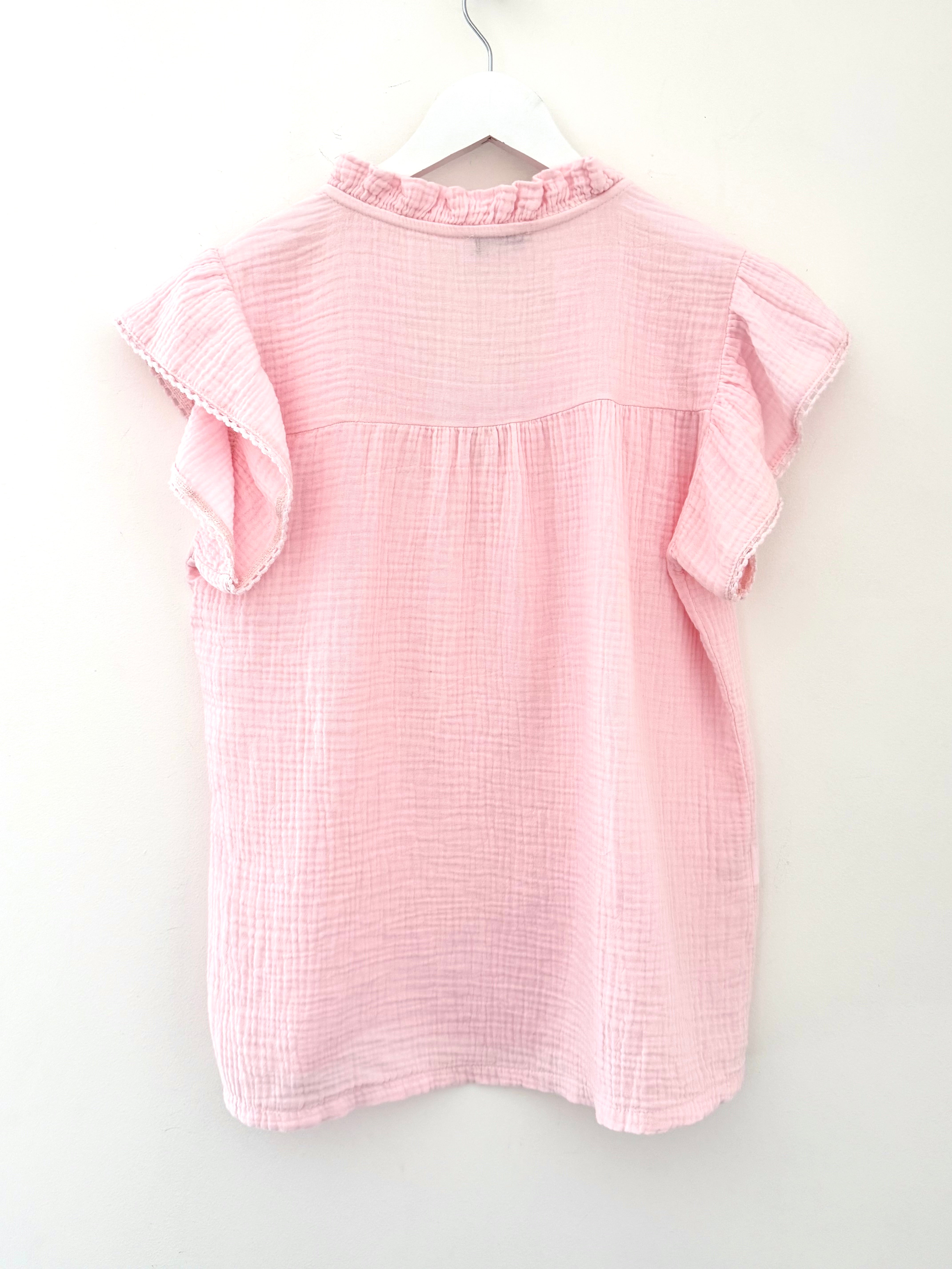Cheesecloth Top with Ruffle Sleeves in Pink