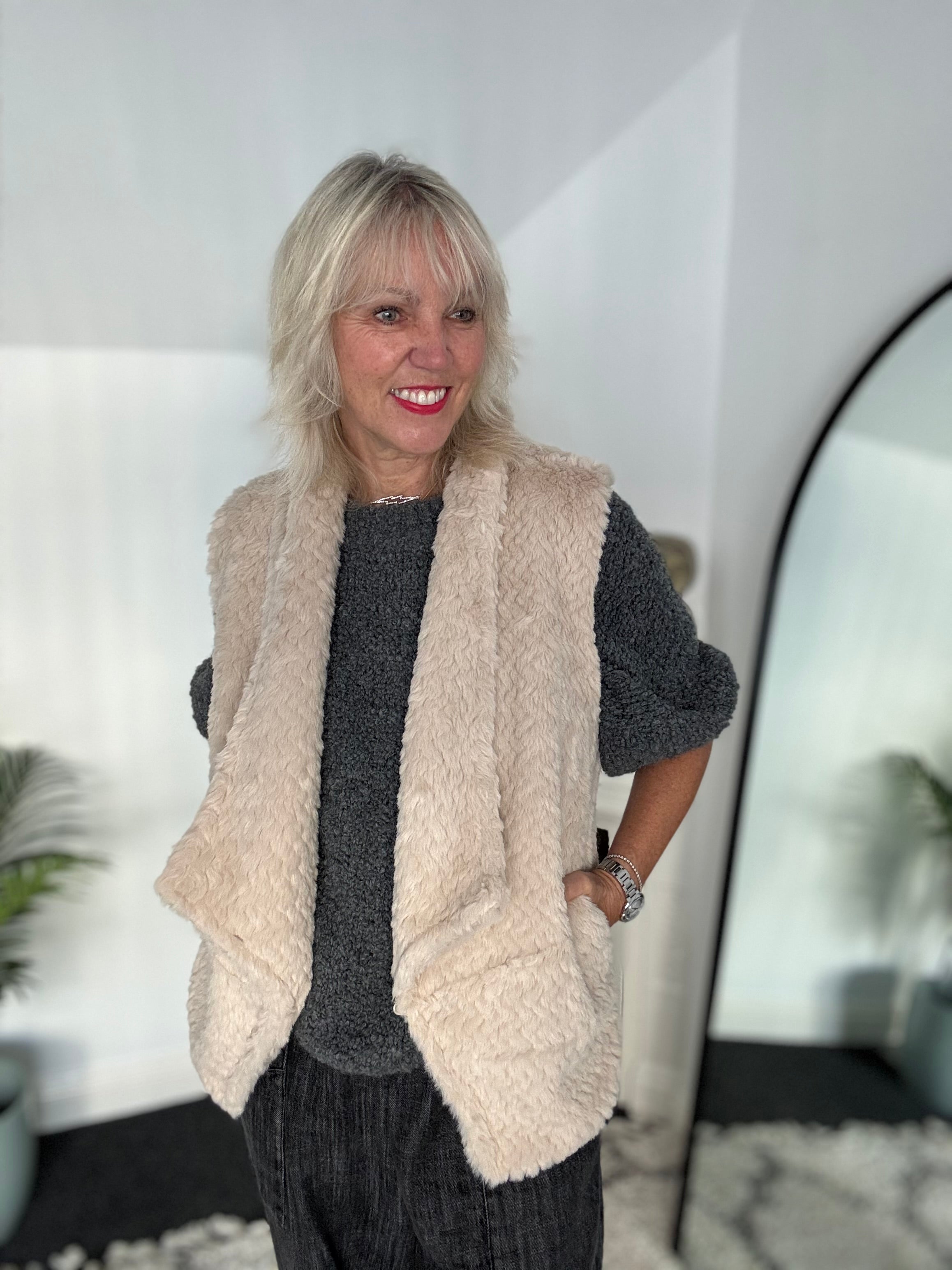 Faux Fur Gilet in Soft Caramel